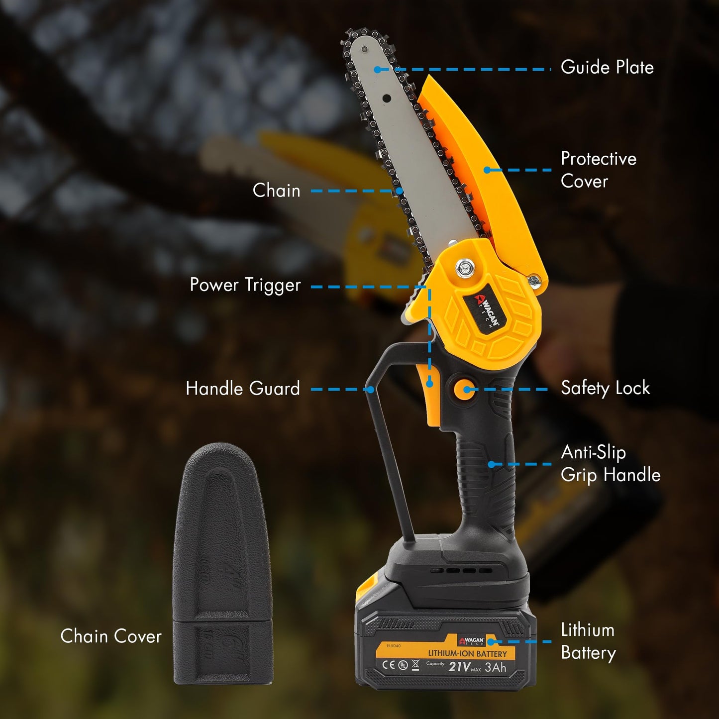 Wagan EL7007 OneVolt Cordless Chainsaw 6, 6-Inch Mini Chainsaw with UL Certified 3.0Ah Rechargeable Battery, Lightweight Handheld Saw for Tree Trimming, Pruning, and Wood Cutting