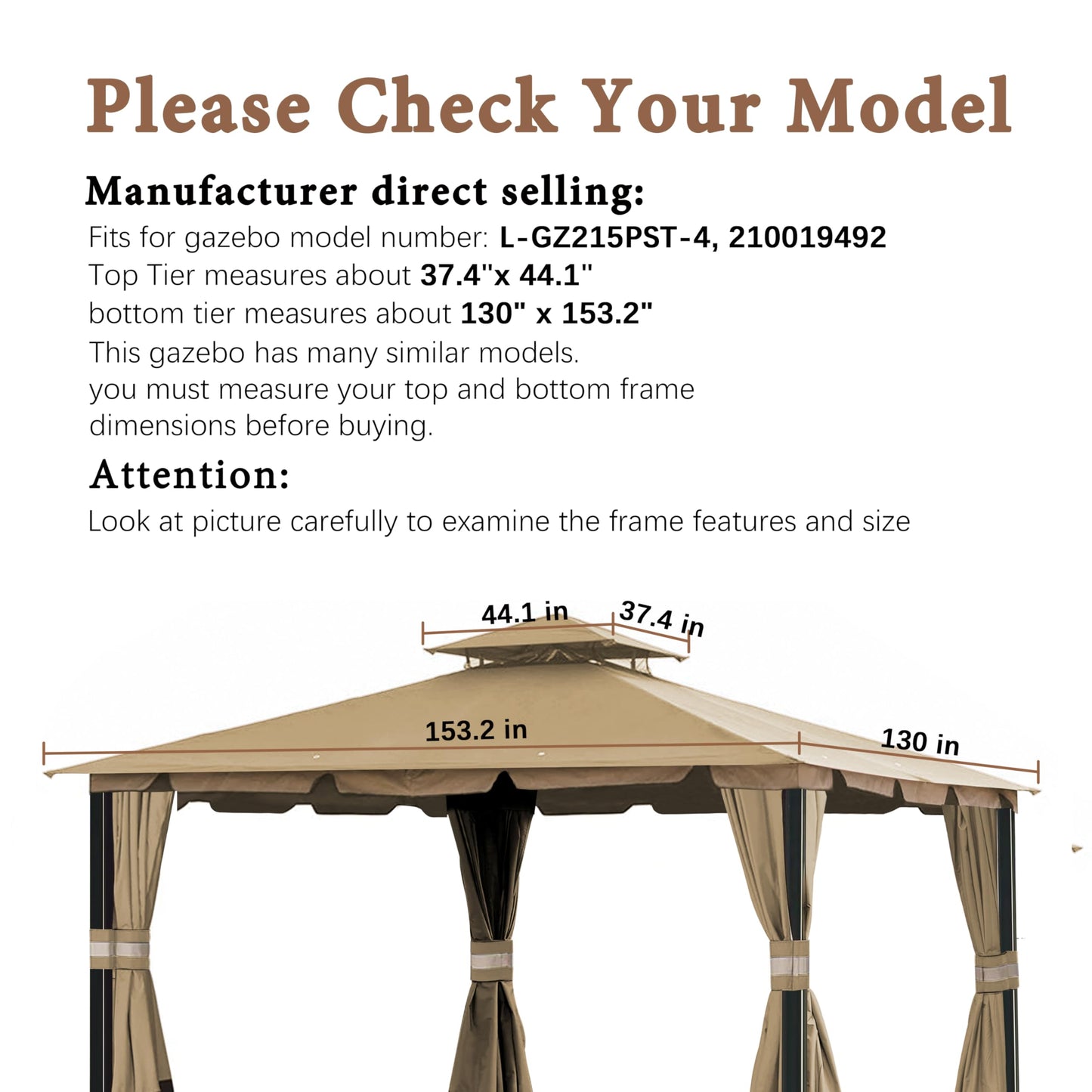 SCOCANOPY Replacement Cover Compatible with Monterey Gazebo # Model L-GZ215PST-4,(Beige)