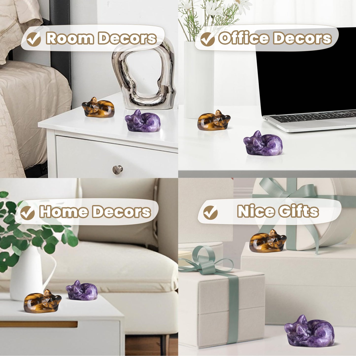 YATOJUZI 2" Cat Decor Purple Gifts for Women Amethyst Sleeping Cats Decors Statue Hand Carved Cute Animal Crystal Figurines Stocking Stuffers Cat Themed Gifts for Women Purple Room Office Desk Decor