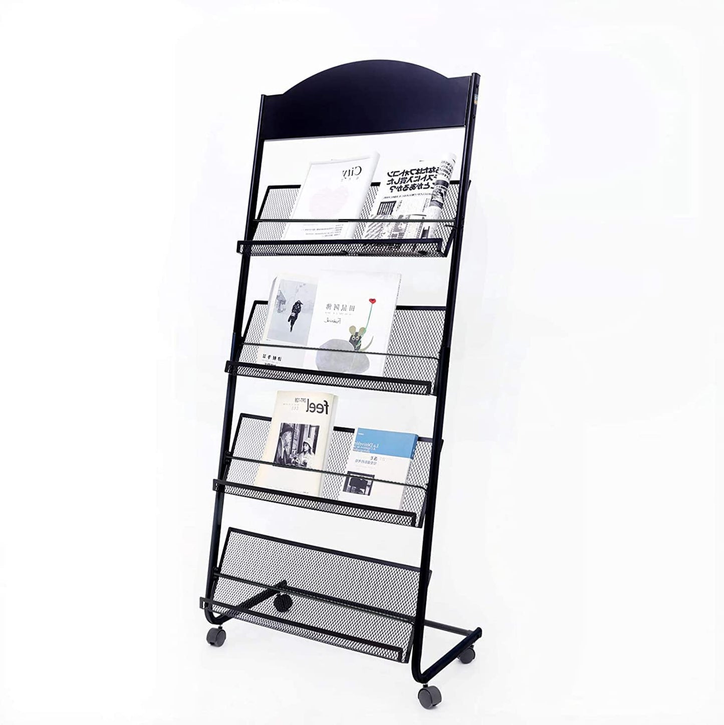 Vmsiuory Floor Standing Magazine Rack,The Wheels with Locking 4 Tier Document Display Rack for Exhibition Office Shopping Mall Waiting Room and Other Places （BLACK