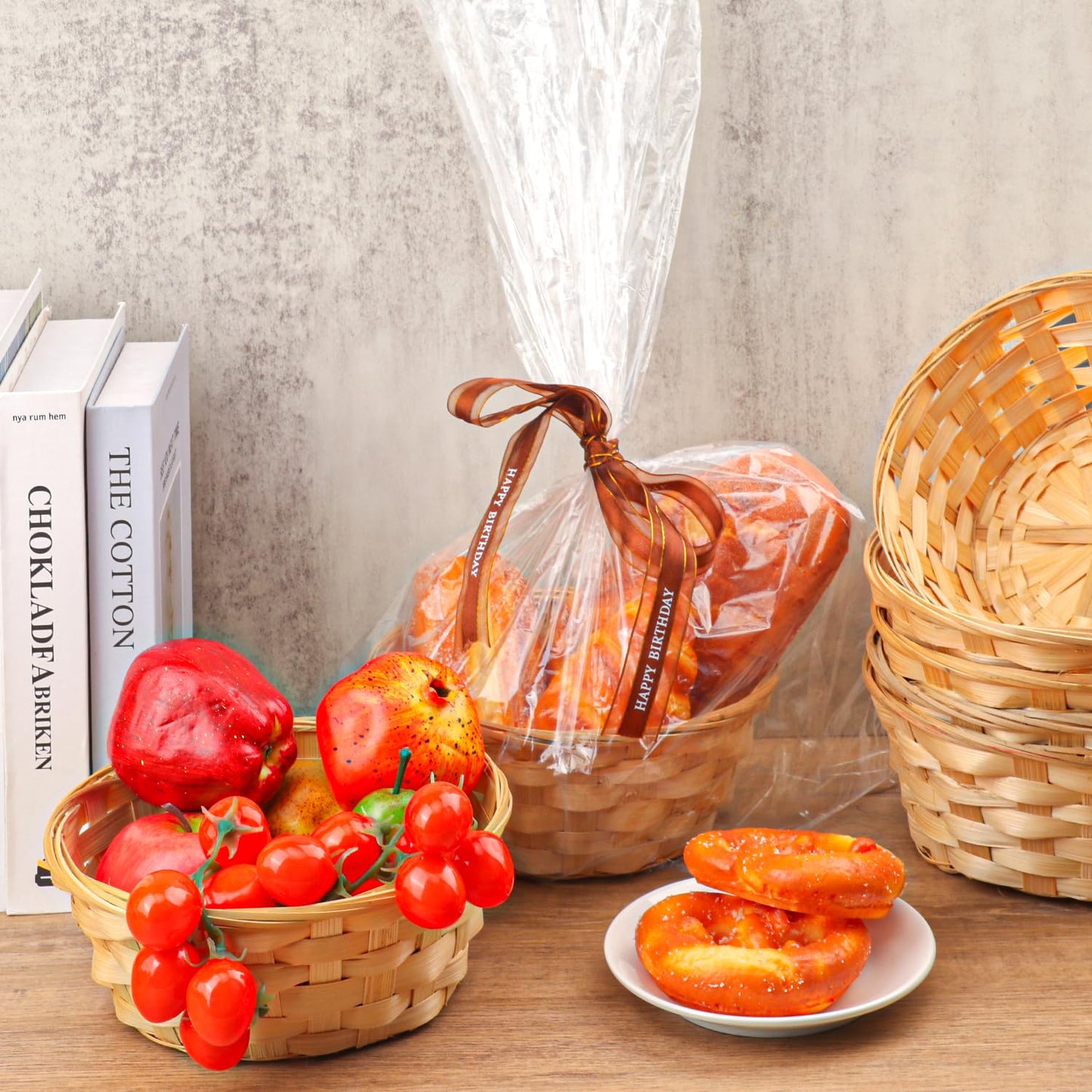 Geytetqi 15 Pack 8 Inch Bamboo Woven Basket, Round Bamboo Woven Fruit Baskets for Kitchen, Restaurant, and Holiday Decor