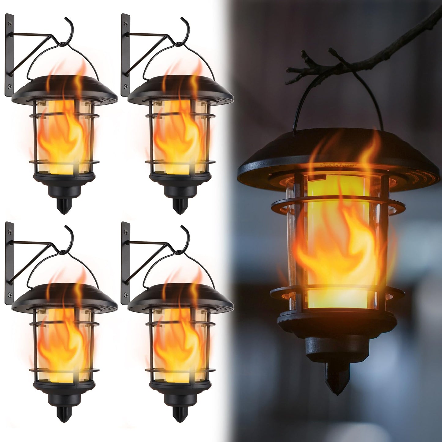 Dynaming 4 Pack Solar Flame Wall Lanterns Outdoor, Solar Powered Wall Mounted Sconce Lights, Flickering Flame LED Light Auto On/Off Hanging Lights, Waterproof for Garage Stair Patio Porch Yard