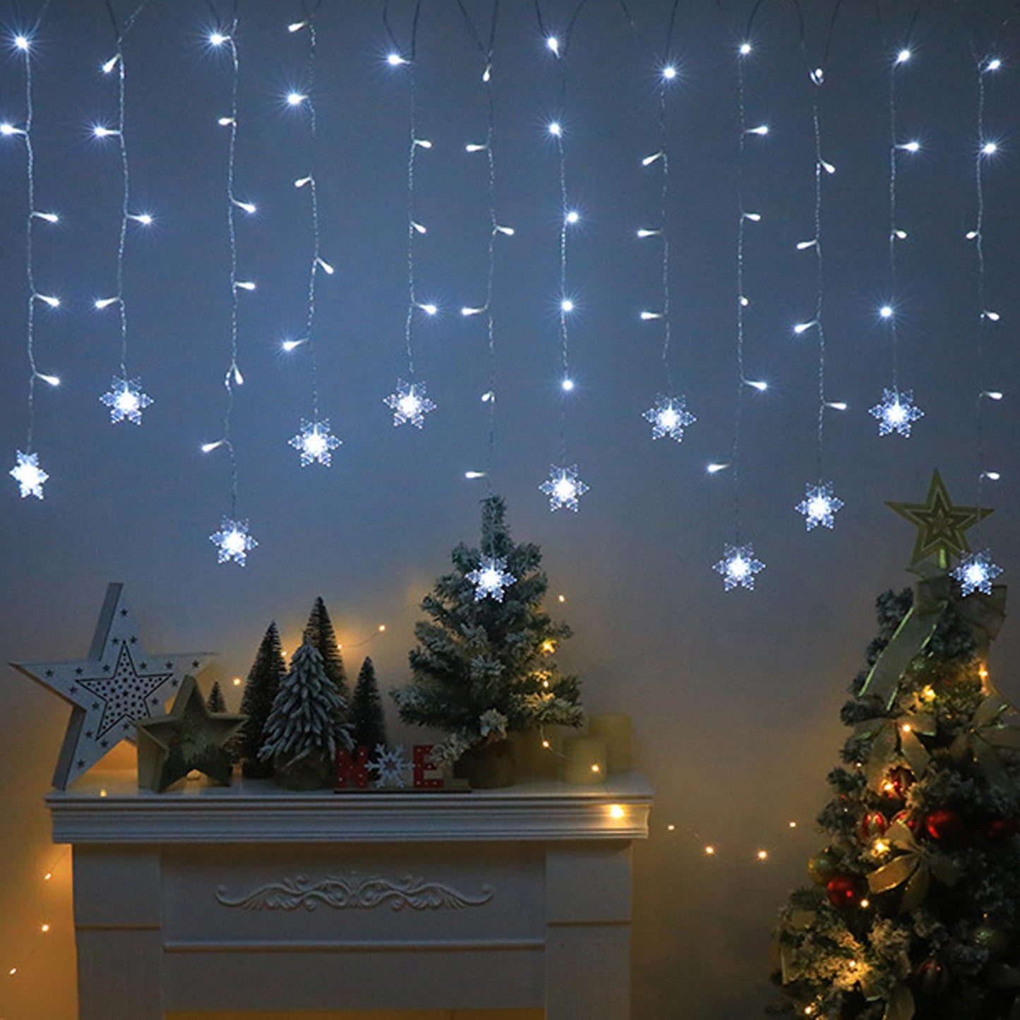 JAYIDAMAI Christmas Snowflakes LED Curtain String Lights 11.5ft/3.5M 96LED Christmas Window Curtain Light Plug in String Light for Xmas Decor,Indoor and Outdoor,Birthday Party,Wedding, Bedroom Patio