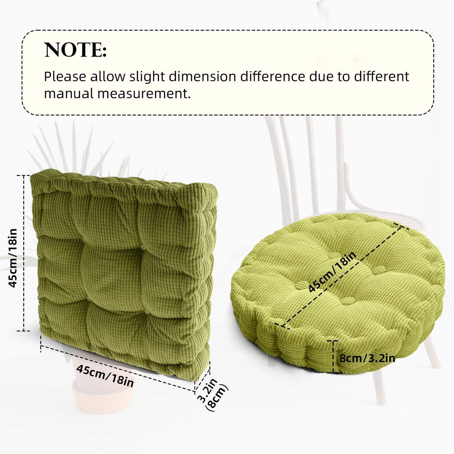 Gfobip 2 Pack Large Square and Round Floor Cushions for Adults Meditation Floor Pillow Green Corduroy Floor Seat Pillows Cushion for Living Room Balcony Tatami Yoga,18x18 Inch