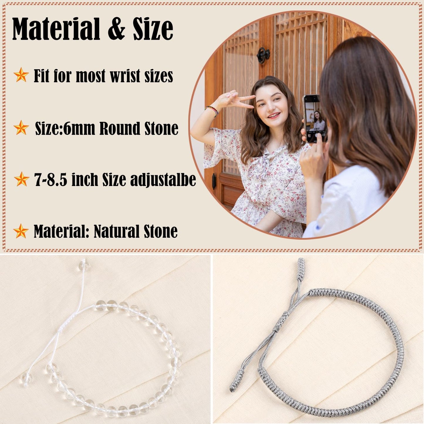 LPBeads 6mm Clear Quartz Bracelet with Handmade Rope Bracelet Size Adjustable Natural Stone Crystal Healing Bracelets Gifts for Unisex Adults