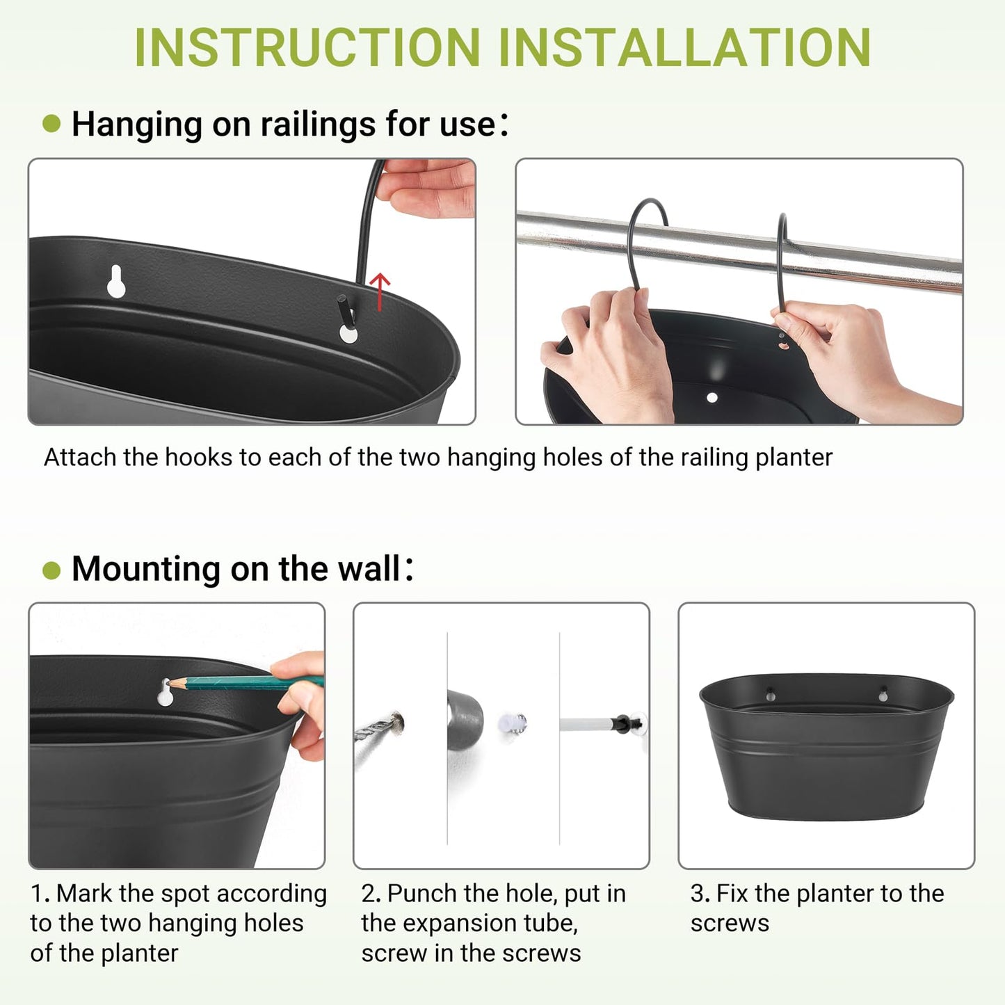 Dahey 3 Pcs Metal Hanging Flower Pots for Railing Fence 10.6 Inch Wall Planters for Indoor Plants Outdoor Countryside Window Flower Holder with Hooks Drainage Holes for Garden Yard Home Decor, Black