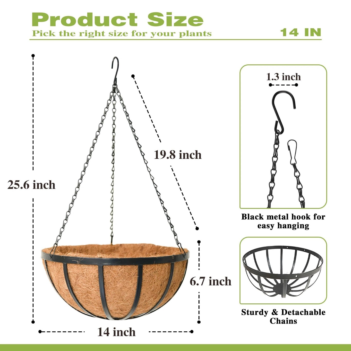 ZVOWOS 14 Inch Black Flat Iron Metal Hanging Planter Basket with Coco Coir Liner(4 Pack) Hanging Planters for Outdoor Plants Hanging Baskets for Plants Flower Pots for Deck Patio Porch Garden Balcony