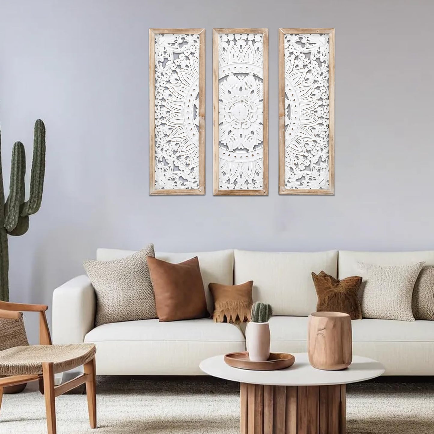 SwallowLiving 3D Layered Mandala Wood Wall Art Set of 3 – 23.6" Large Sacred Geometry Floral Sculptures, Intricately Carved Wood Panels for Meditation Room, Yoga Studio & Boho Decor, Distressed White