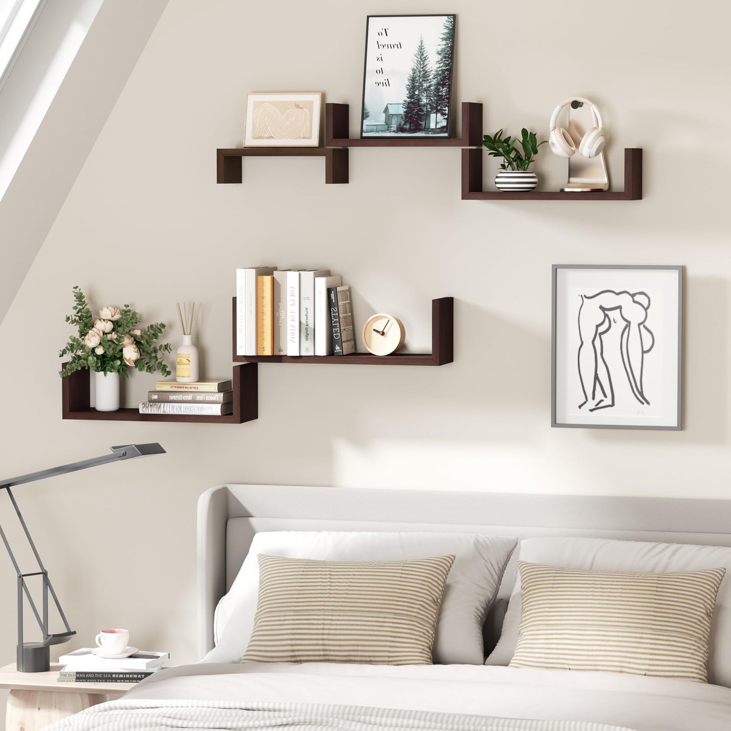 SRIWATANA Floating Shelves for Wall, Wall Shelves for Bathroom, Bedroom, Living Room, Kitchen, Office, Wood Shelves for Home Decor Set of 5 (Dark Walnut)