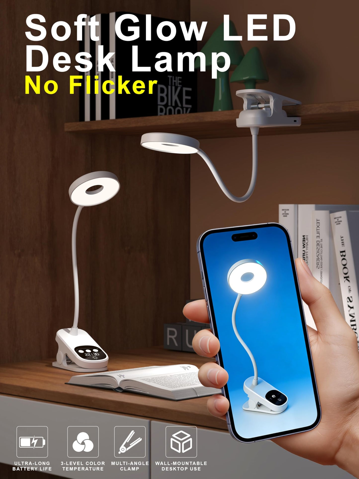 Wireless Clip on LED Desk Lamp, 1800mAh Rechargeable Eye-Caring Bedside Reading Light with Clock & Timer, 3 Color Temperatures 360° Rotatable for Dorm Room Home Office Camping Blackout (White)