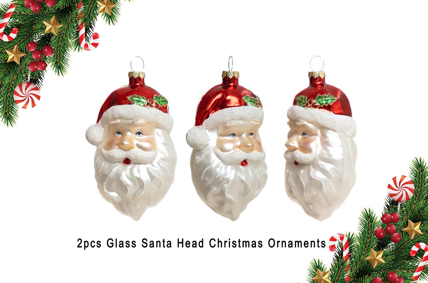 2 Count Glass Santa Head Christmas Ornament, Glass Santa Head Ornaments for Christmas Tree
