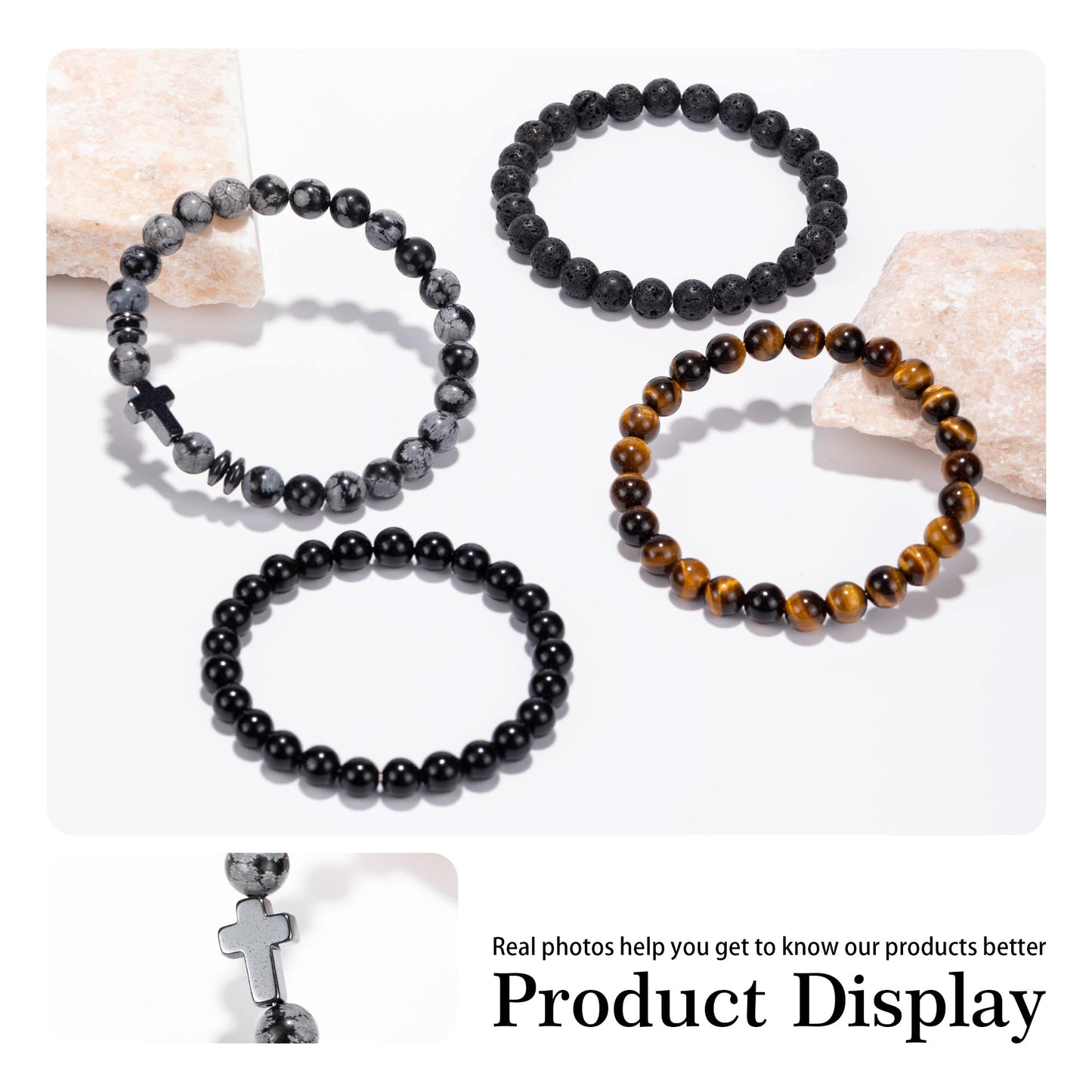 Crystery Men Beaded Bracelets, 8mm Natural Stone Bracelet, Healing Crystal, Jewelry Gifts for men, Triple Protection, Snowflake, Tiger Eye, Black Obsidian Beads Bracelets, Lava Rock, Pack of 4