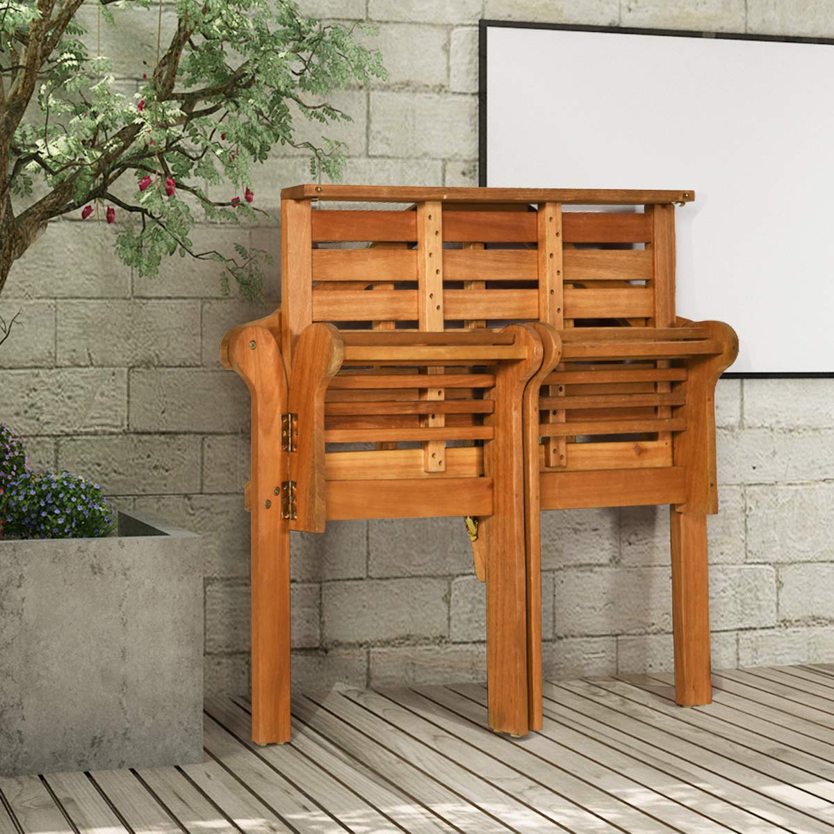 Giantex Outdoor Wood Bench, 4 Ft Foldable Eucalyptus Garden Bench, Two Person Loveseat Chair Solid with Curved Backrest and Armrest Ideal for Patio, Porch or Balcony (Teak)