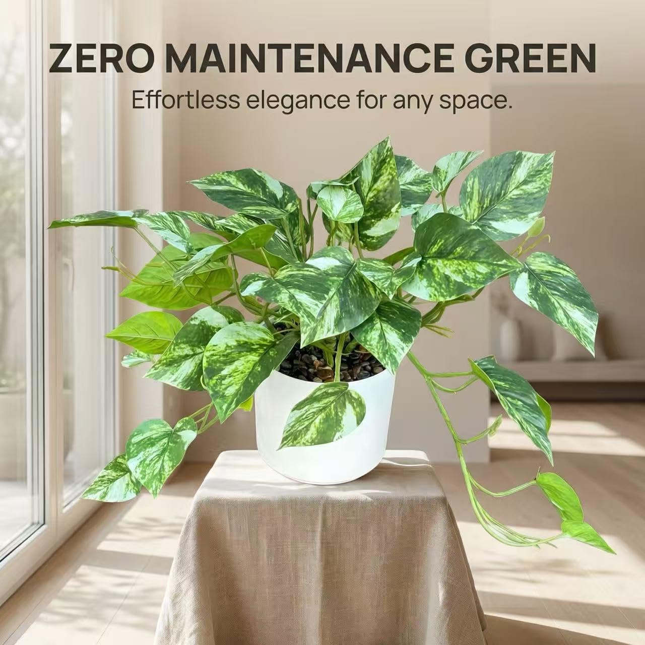 TentoWhan Artificial Plants Faux Pothos with Plastic White Pot Artificial Potted Plant for Home Office Bedroom Indoor Outdoor Decor 1 Pack(Light Green)