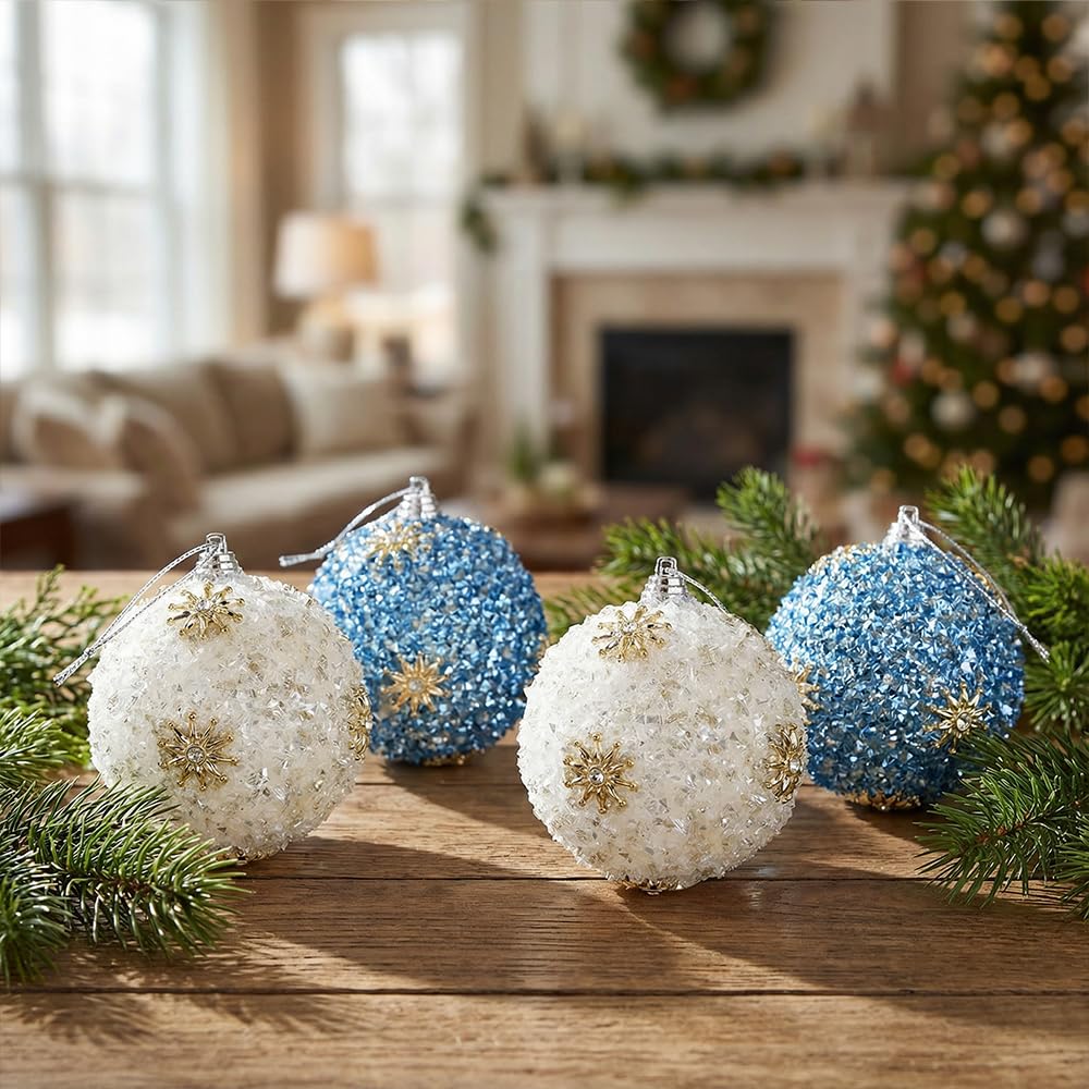 Set of 4 White & Blue Christmas Tree Ornaments, 3.15" Glitter Crushed-Ice Ball Ornaments with Gold Sunburst Accents, Handcrafted Shatterproof Hanging Decorations for Xmas Tree & Holiday Home Decor