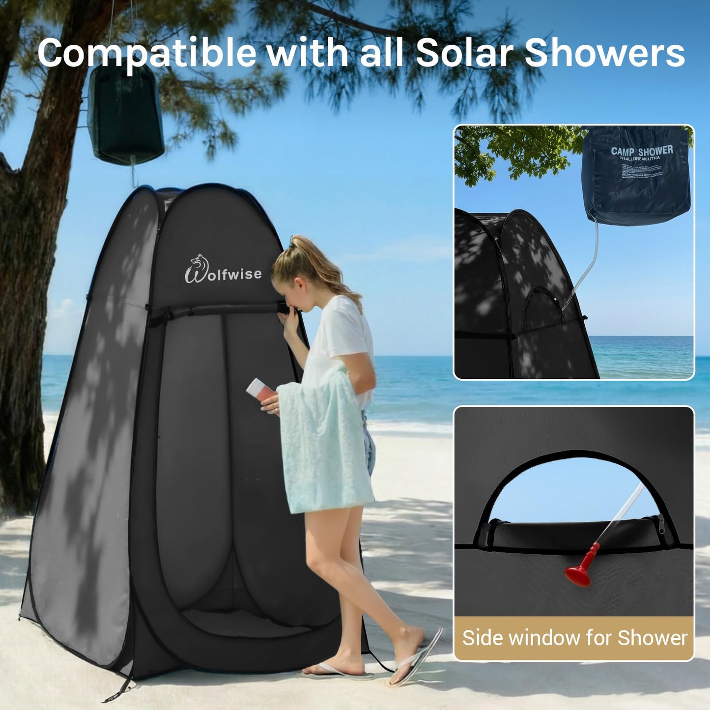 Wolfwise Pop Up Shower Tent for Camping, Portable Instant Changing Tent with Ventilation Window & Carry Bag, Privacy Bathroom Toilet for Beach & Outdoor, Standard, Width 40 ", Height 75 ", Black