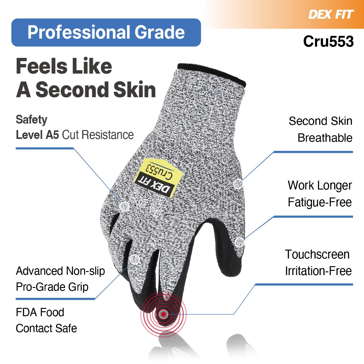 DEX FIT Level 5 Cut Resistant Gloves Cru553, 3D-Comfort Fit, Firm Grip, Thin & Lightweight, Touch-Screen Compatible, Durable, Breathable & Cool, Machine Washable; Grey L (9) 1 Pair