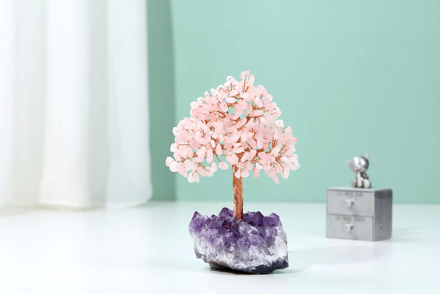 Jovivi Natural Rose Quartz Healing Crystal Money Tree on Amethyst Cluster Geode Druzy Base Feng Shui Crystals for Home Office Desk Decorations, Wealth, Good Luck