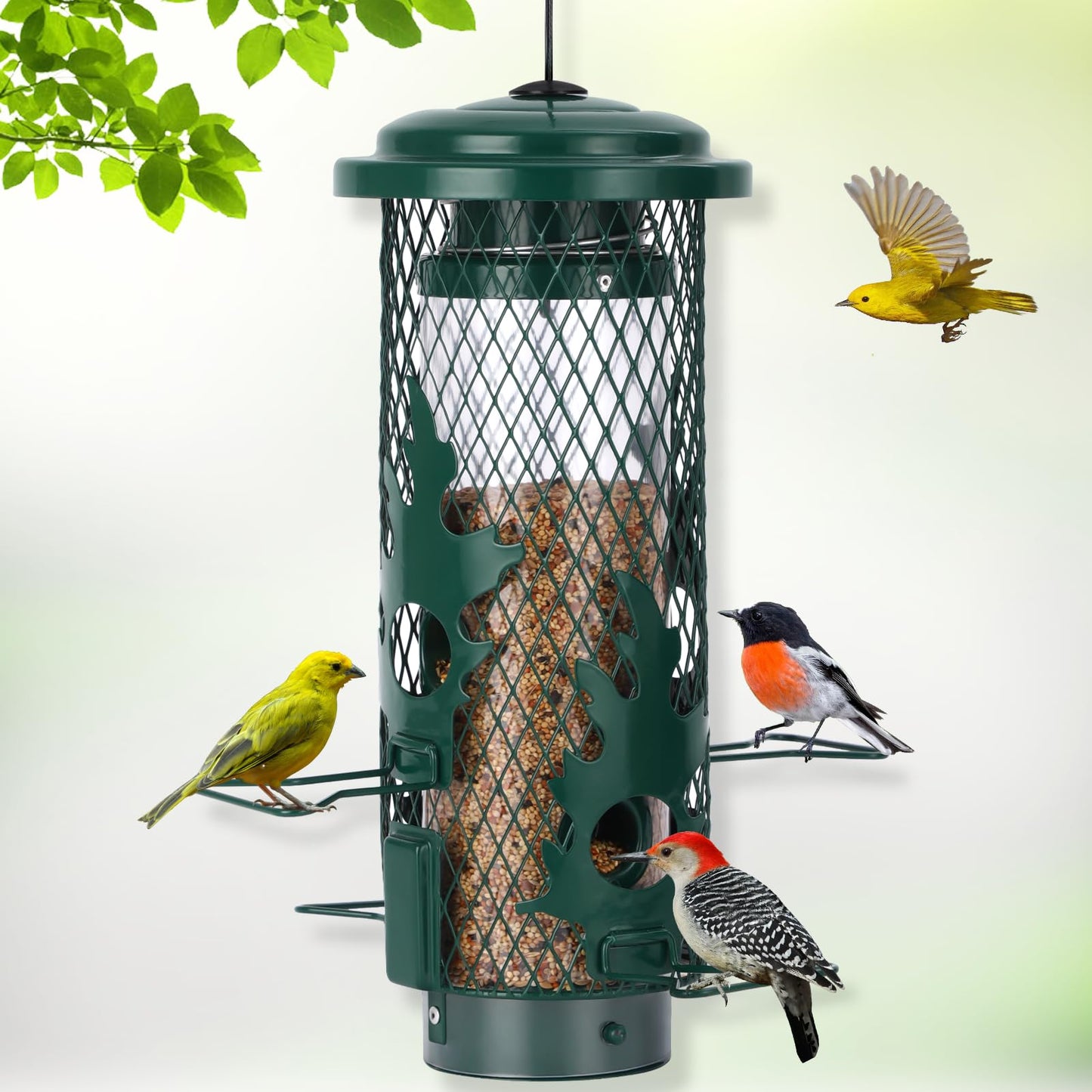 Gbekery Squirrel Proof Bird Feeder for Outdoors Hanging, Metal Mesh Bird Feeder for Outsides with Gravity Protection for Small Birds, Weatherproof and Durable, Green