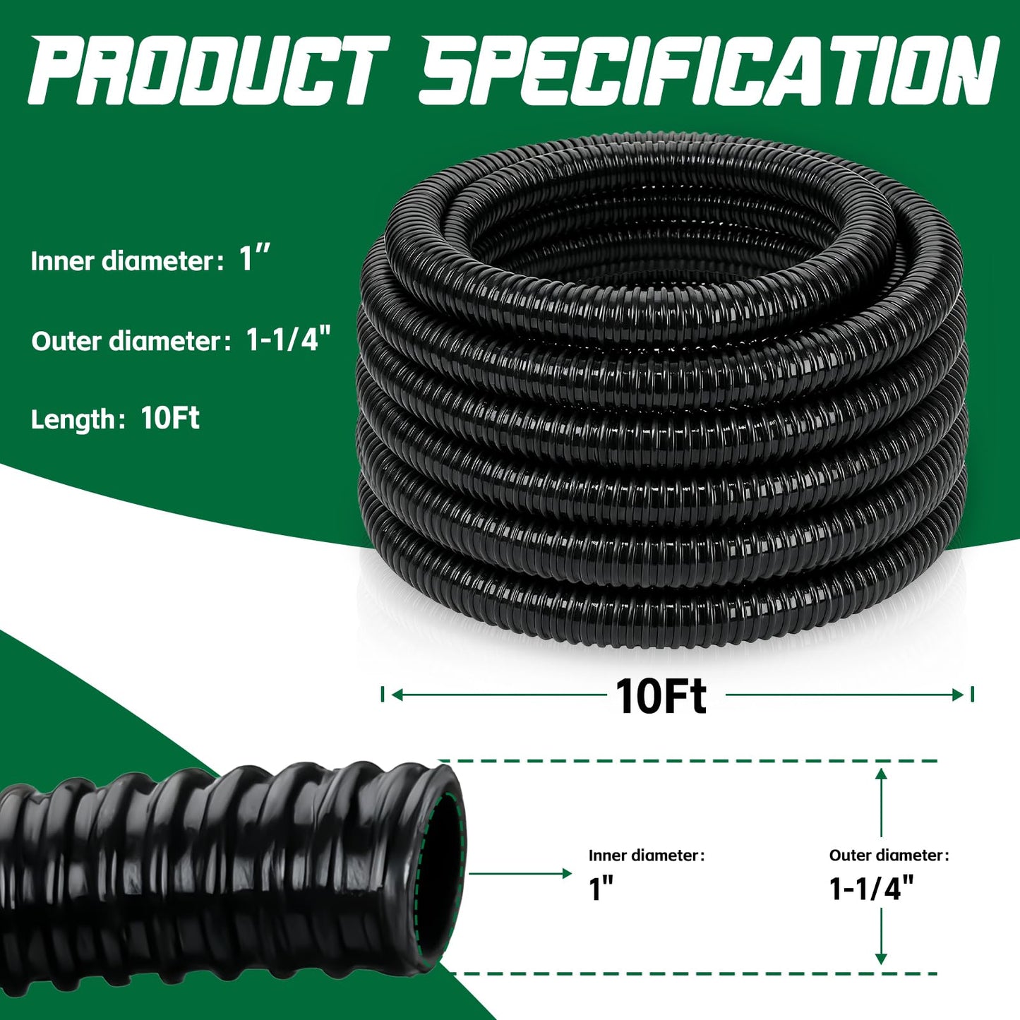 Wocloer Pond Tubing 1” × 10 Feet Black Flexible PVC Pond Hose,Garden Pond PVC Tube - Reinforced, Kink-Resistant Tubing for Pumps, Fountains & Waterfalls, with 4 Clamps,1" Dia