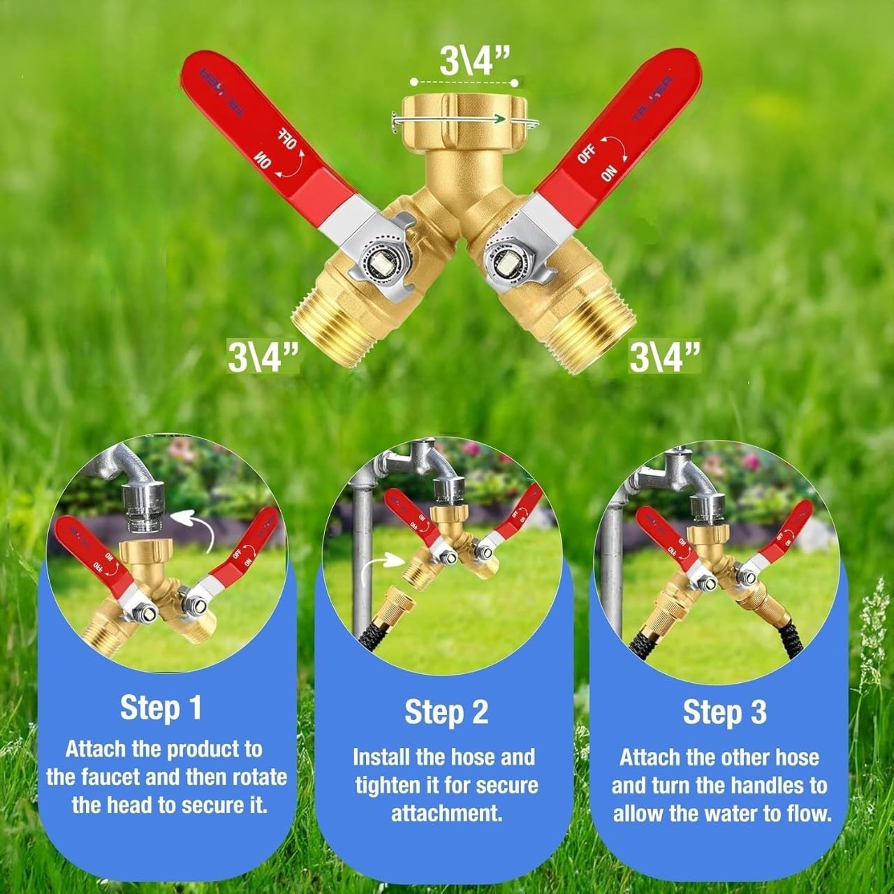Premium 2 Way Brass Hose Splitter 3/4" Heavy Duty Leakproof Y Valve Garden Faucet Spigot Splitter Easy Long Handles With Extra Fittings and Teflon