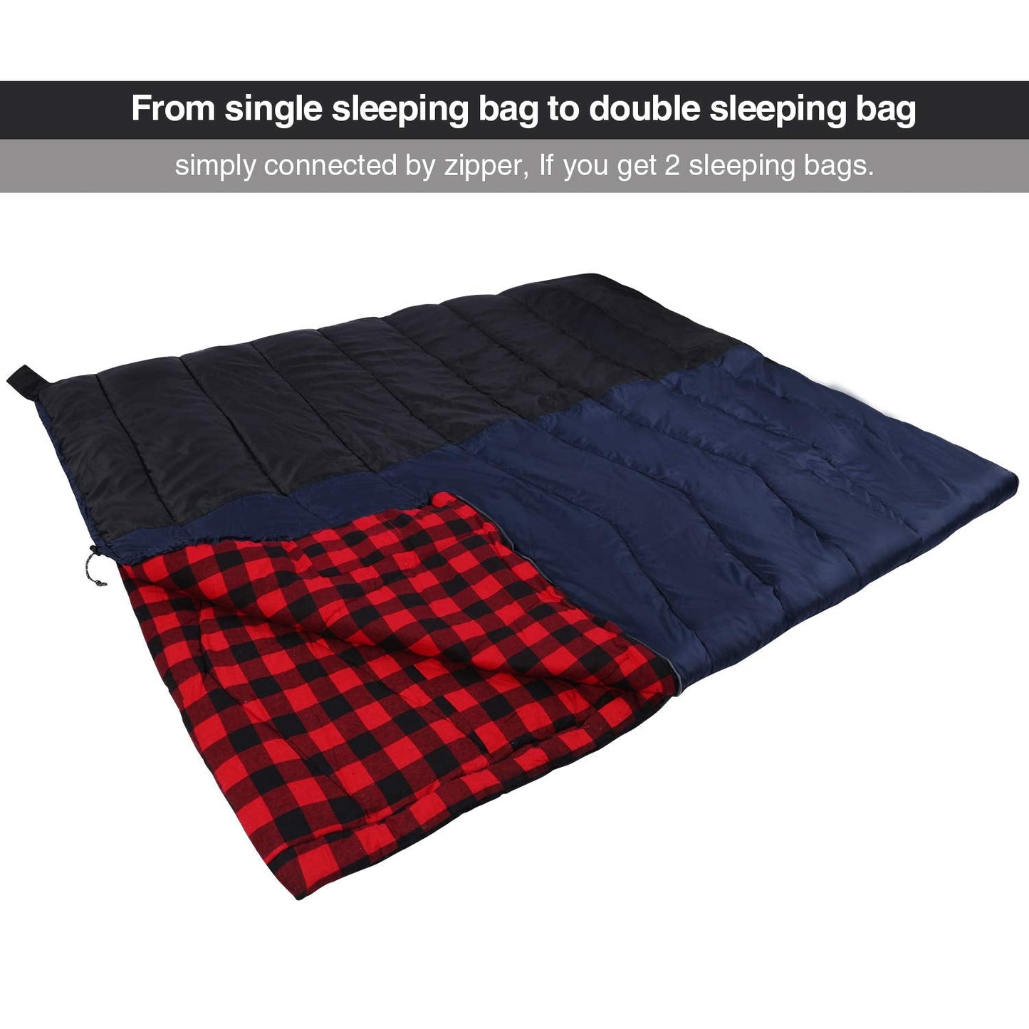 REDCAMP Cotton Flannel Sleeping Bag for Adults, XL 32/41/50F Comfortable, Envelope Sleeping Bag with Compression Sack, Red Plaid 2lbs(79"x33")
