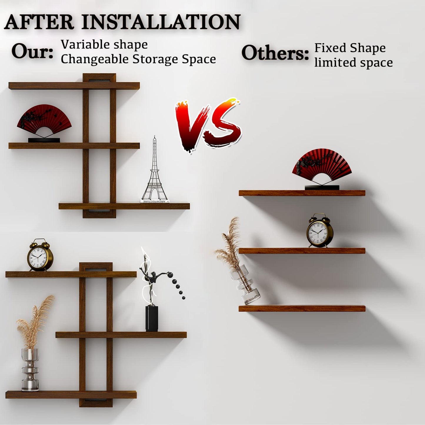 yaqew Variable Wood Floating Shelves Set of 3, Wall Cube Shelves 28.35" Max, Wall Shelves for Living Room Bathroom Bedroom - Light Walnut Color - 28.35" x 23" x 5.9" Max