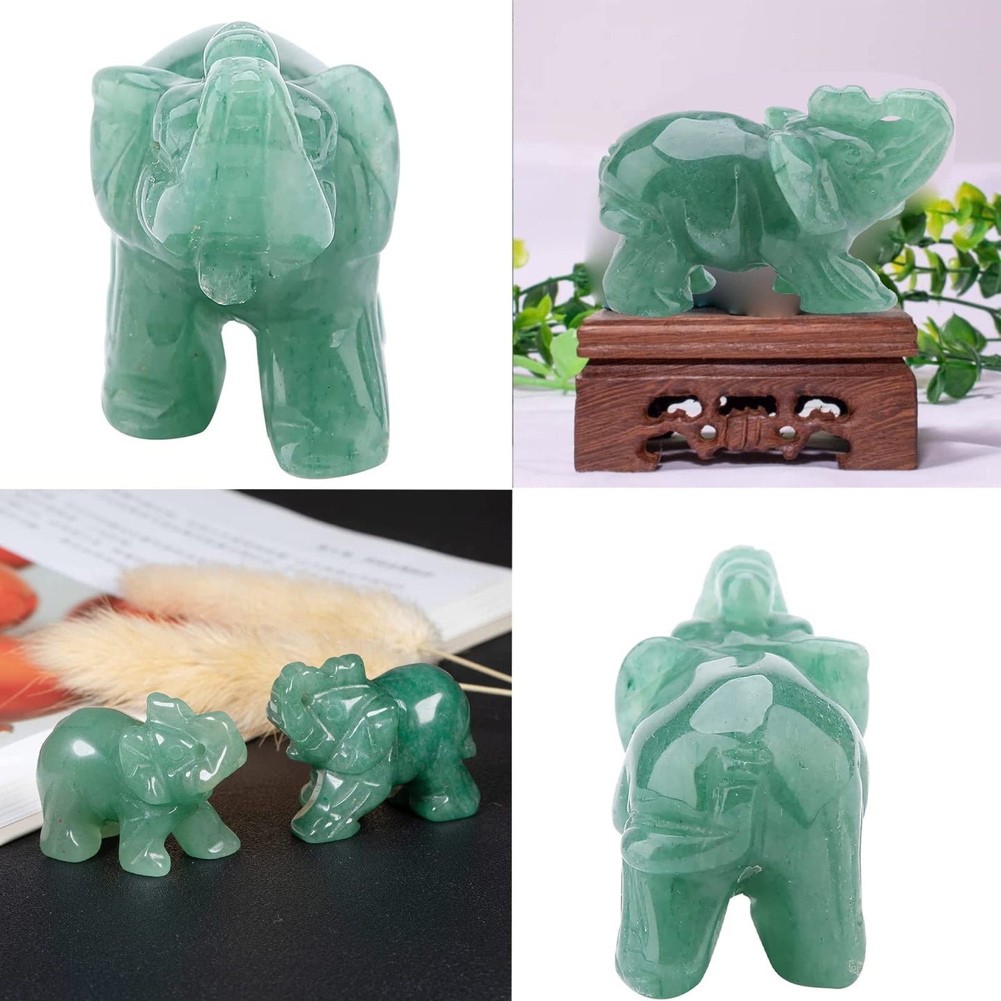 Watris Veiyi 2inch Natural Jade Elephant Figurine, Green Elephant Decoration, Carved Elephant Figurine, Elephant Crystal Wealth Lucky Figurine for Home Decor