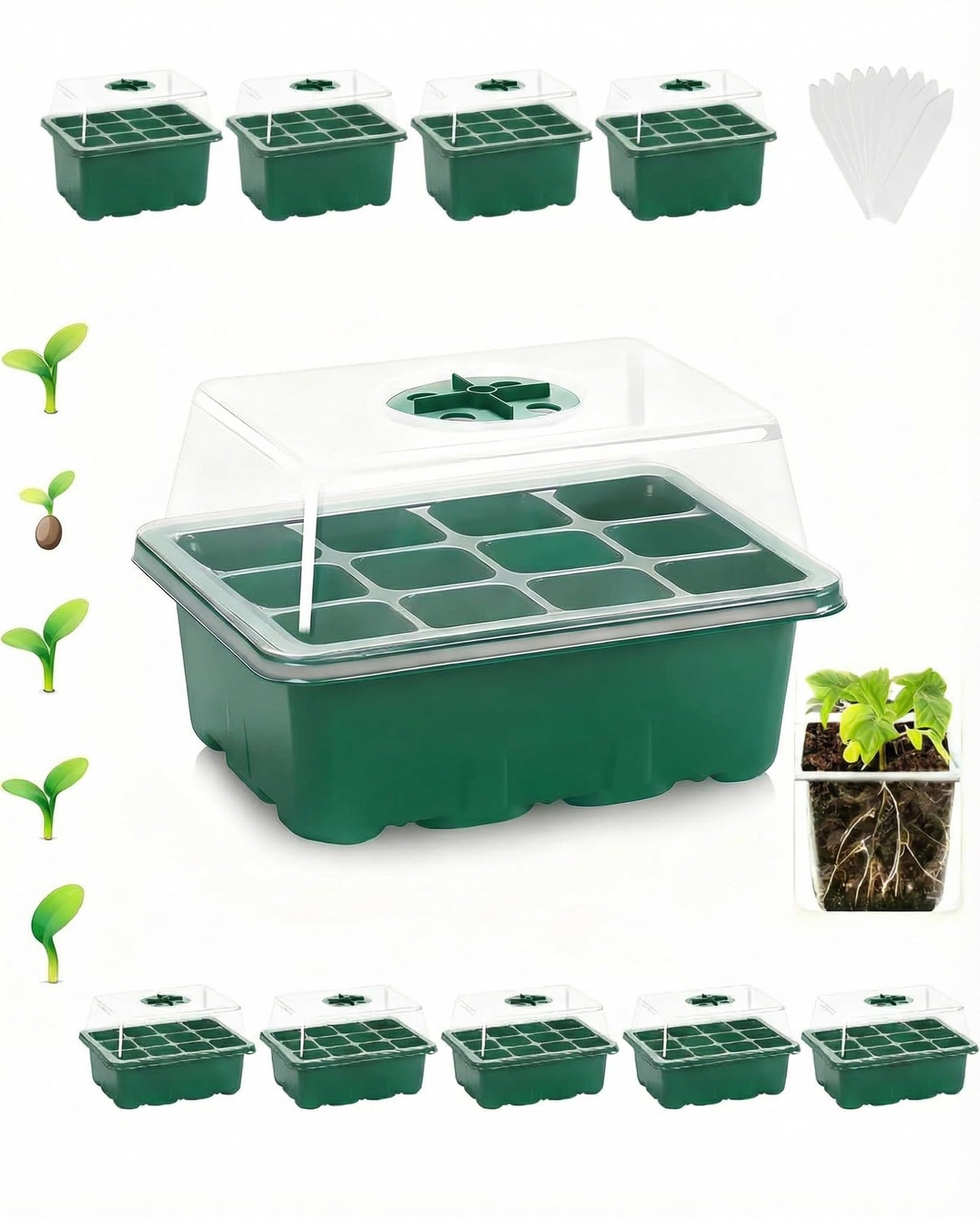 NACNO 10 Packs Seed Starter Tray Seed Starter Kit with Humidity Dome (120 Cells Total Tray) Seed Starting Trays Plant Starter Kit and Base Mini Greenhouse Germination Kit for Seeds Growing Starting