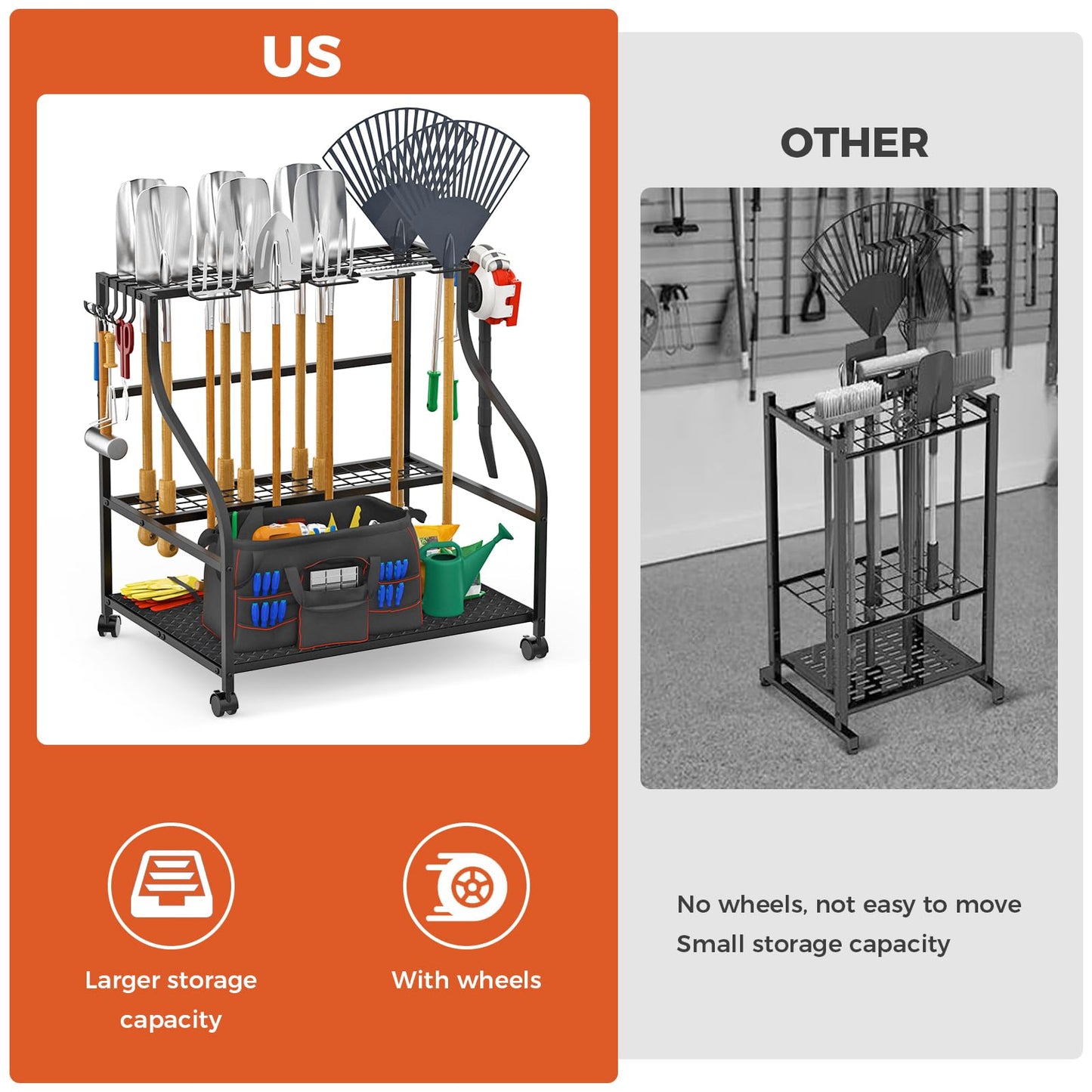 Garden Tool Organizer with Wheels, 3-Tier Yard Tool Storage with Hooks, Heavy Duty Steel Tool Rack Stand for Broom Shovel Long Handled Tools, Garden Tool Holder for Garage Shed Outdoor, Black