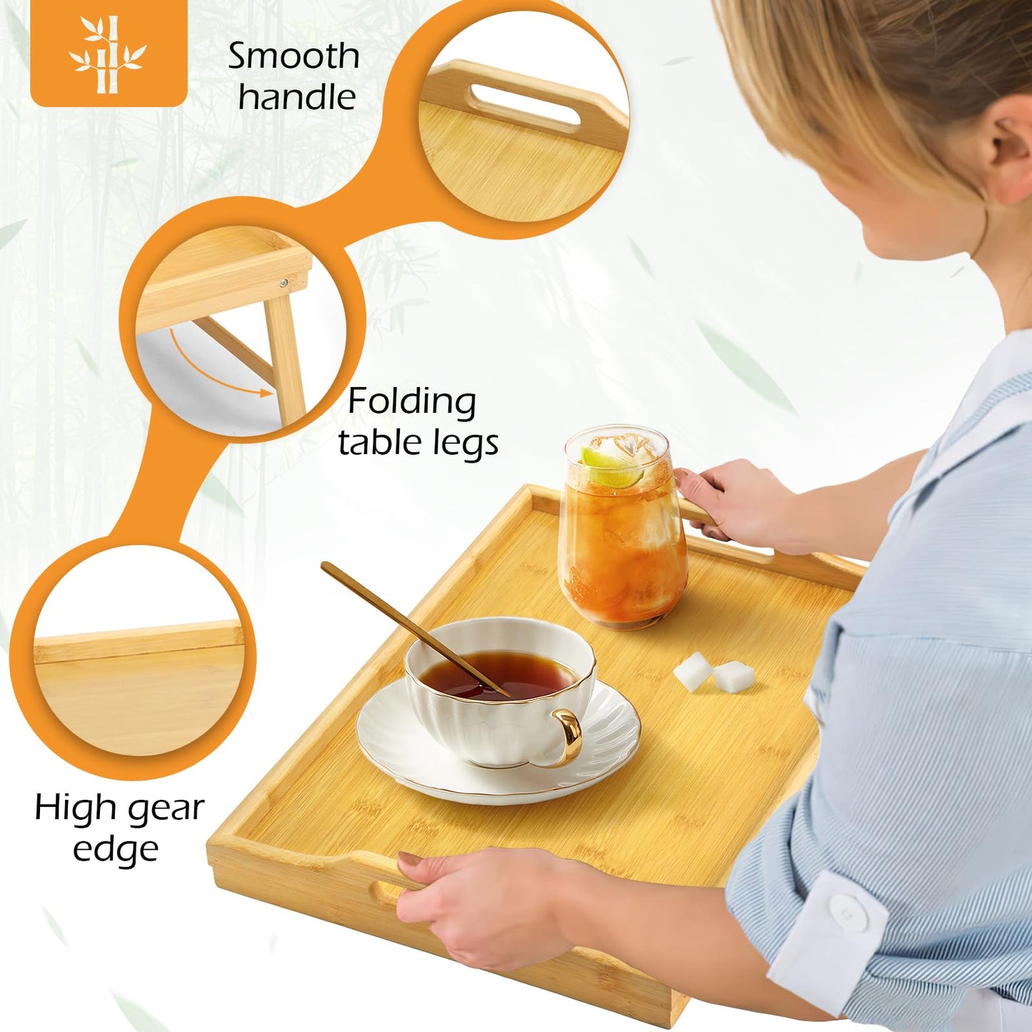 2 Pack Bamboo Bed Tray Table, Folding Legs and Handles, Breakfast Tray, Laptop Desk for Bed or Sofa, Serving Tray for Eating, Working, Reading,Picnic