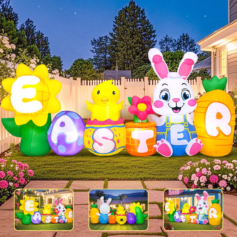 KOOY 8FT Long Easter Inflatables Bunny Outdoor Decorations with Egg Chick Carrot and Sunflower, Built-in LED Lights Easter Blow Up Yard Decorations for Lawn Garden Holiday Party