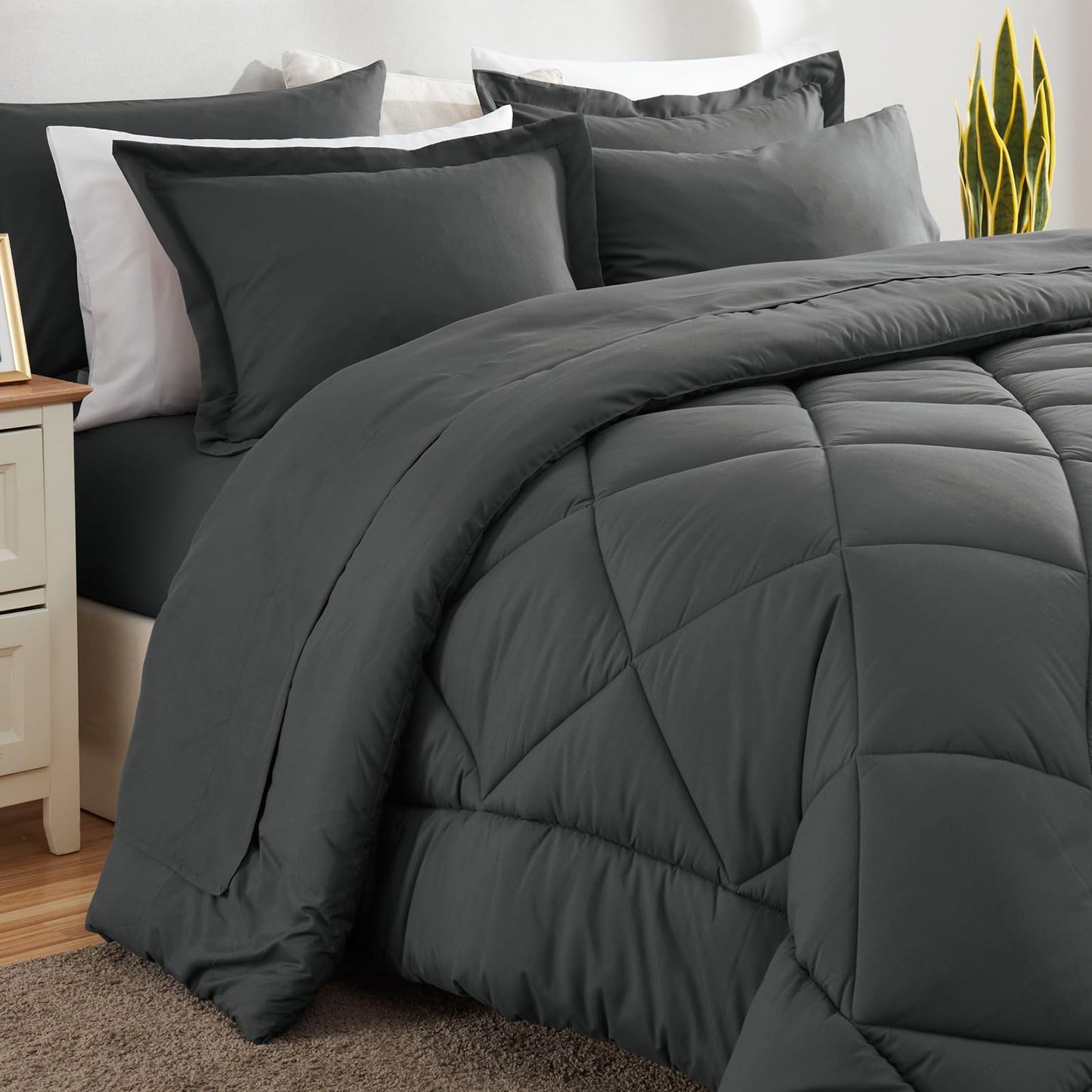 CozyLux Queen Comforter Set Dark Grey - Bed in a Bag Queen Size 7 Pieces, Luxury Soft Bed Set for All Seasons, Bedding Set with Comforter, Sheets, Pillowcases & Shams, Dark Gray, Queen