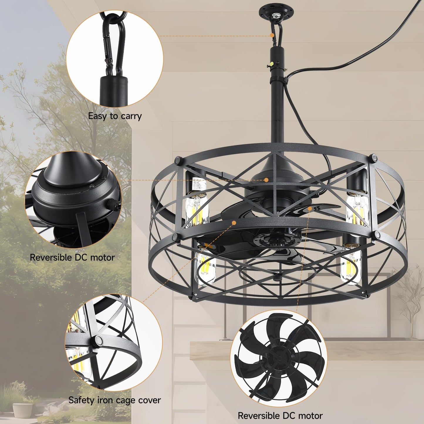 AHAWILL Outdoor Ceiling Fan with Light,20" Gazebo Fan Remote&APP Control,Outdoor Hanging Fan,6 Speeds and Timing,Plug in Caged Ceiling Fan for Patio,Farmhouse,Porch,Pergola.Black