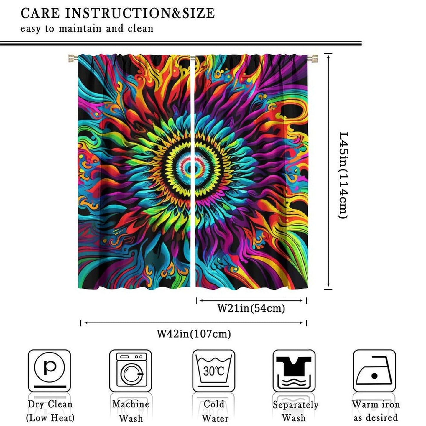 OVBOKEY Tie Dye Curtains - Boho Hippie Style with Rainbow Patterns for Bedroom & Living Room, Multicolor Swirl & Flame Design 2 Panels W42xL45 Inch