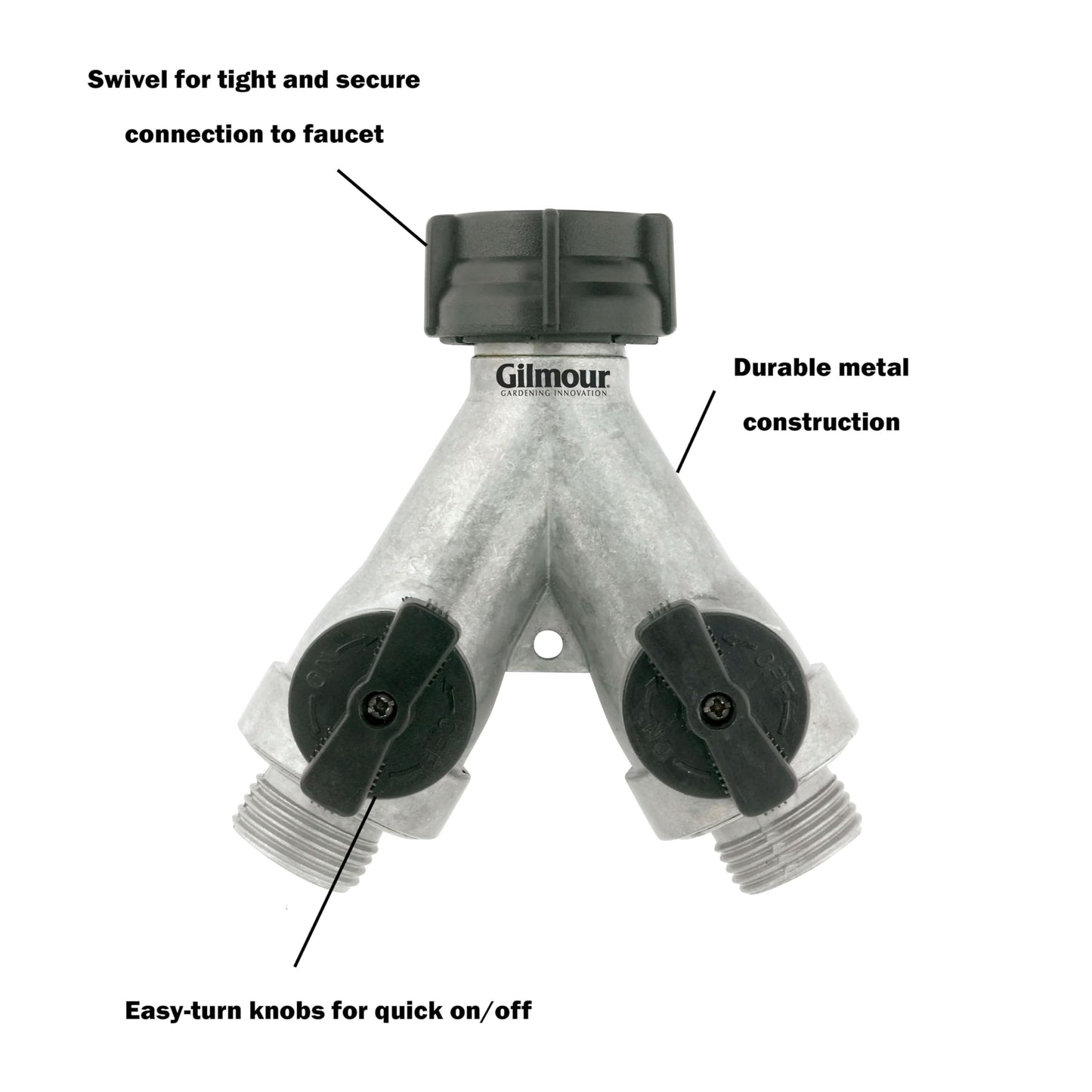 Gilmour Heavy Duty 2 Way Garden Hose Splitter, Dual Water Hose Splitter with Shut Off Valve, Metal Water Manifold