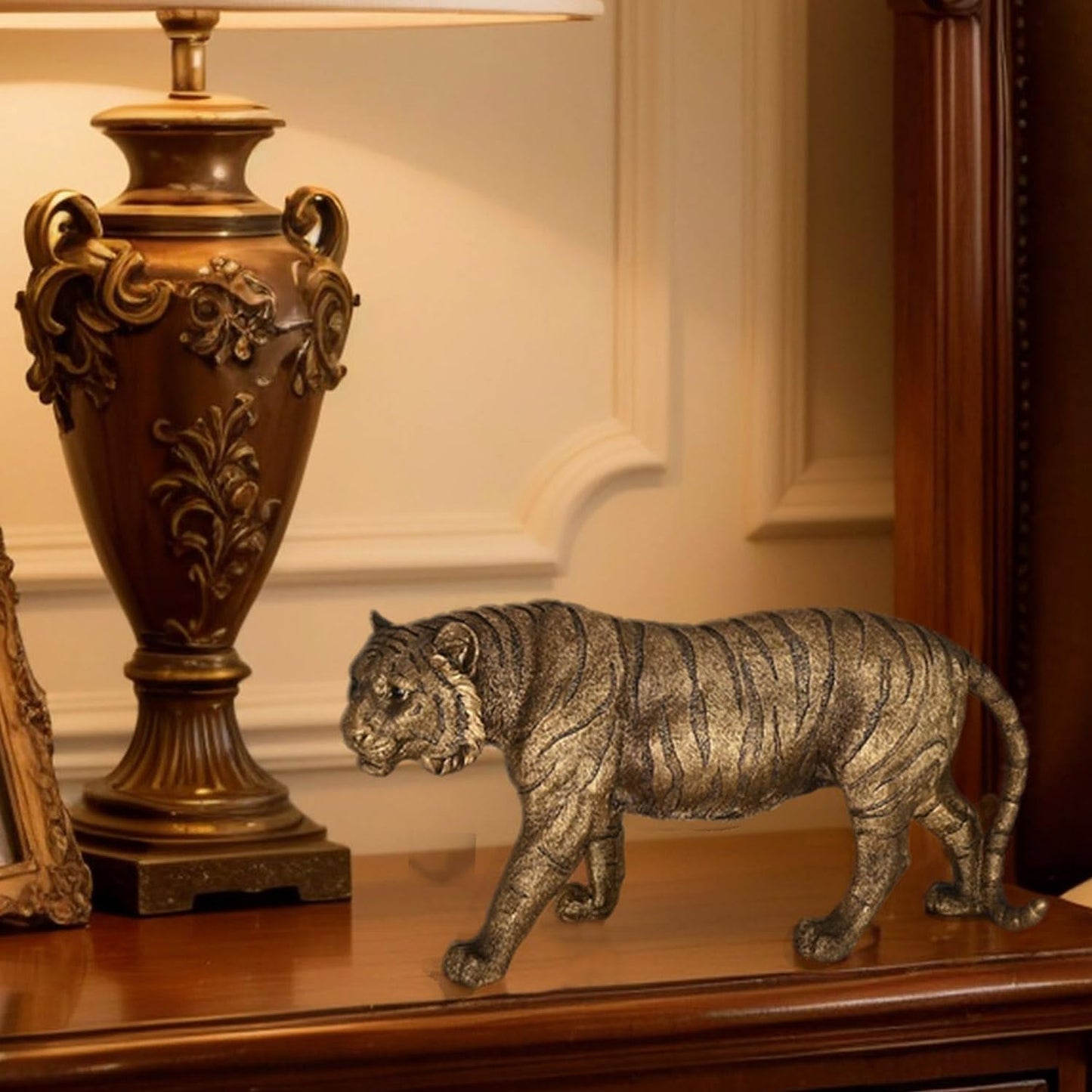 Juliahestia Lifelike Tiger Statue Large Animal Figurines Bronze Resin Decoration for Home Office Desk Shelf Stockholm Style Room Decor Unique Wild Animal Sculpture Gifts for Men
