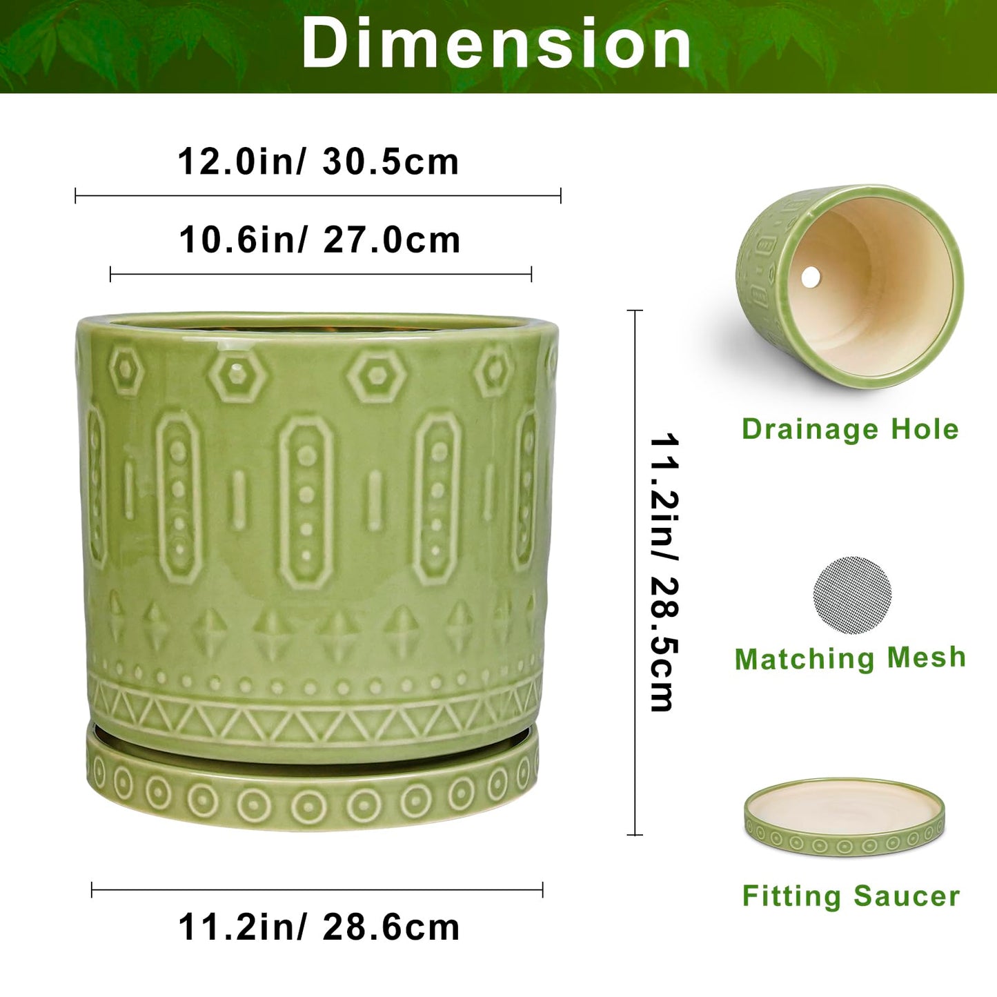 Eightpot Ceramic Planter - 12 Inch Pots for Plants Indoor Outdoor, Round Large Flower Pots with Drainage Hole and Saucer, Decorative Boho Planter, Home Office Decor, Plant Lover Gifts, Green