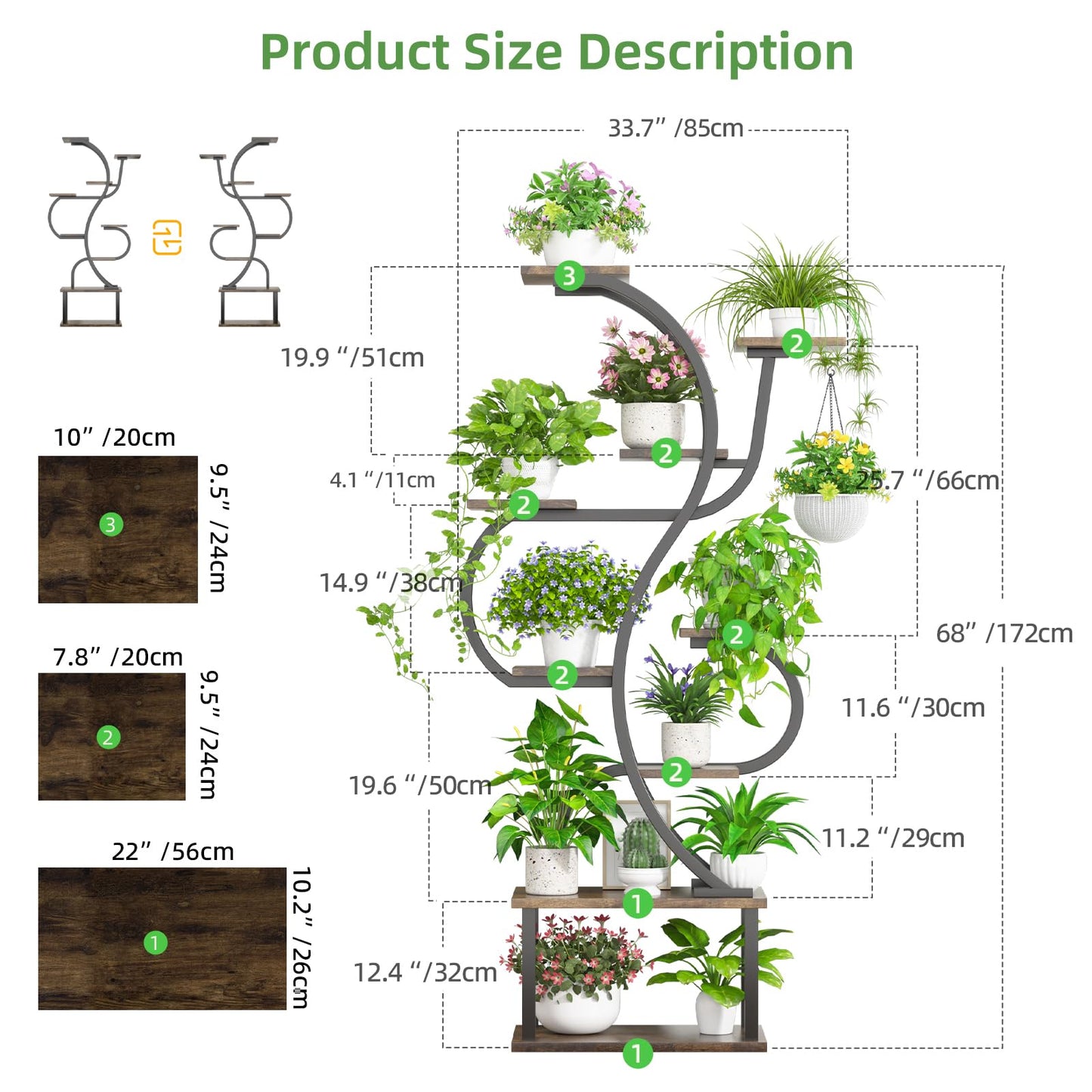 runjuly Plant Stand Indoor with Grow Light, 9 Tiered Indoor Plant Stand, 68" Tall Flower Stand Plant Shelf Indoor, Double S Shape Plant Holder, Versatile Plant Hanger for Living Room, Bedroom, Patio