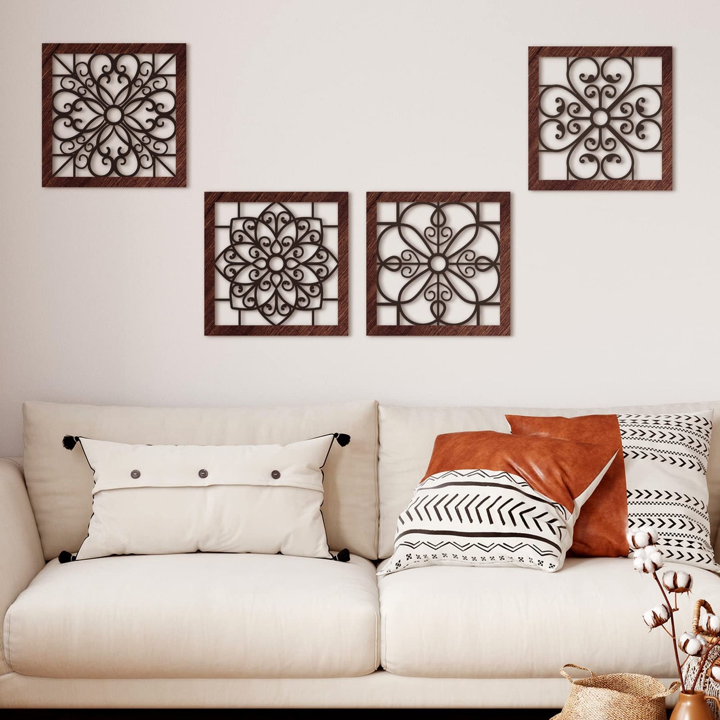 Yulejo 4 Piece Thicken Rustic Wall Decor - Wooden Hollow Carved Design Rustic Wall Art for Living Room, Bedroom, Hallway, Office, Kitchen (Brown, Black)