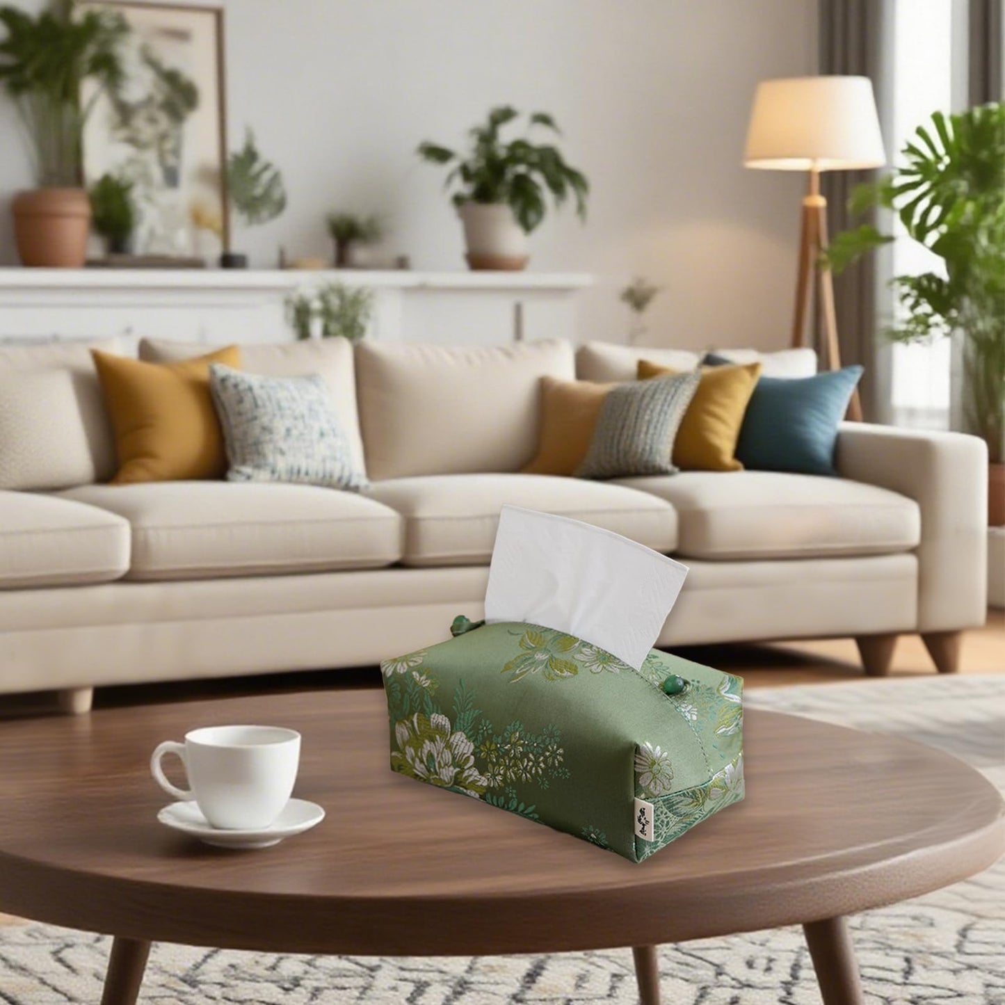 Zovylks Brocade Fabric Tissue Box Cover, Exquisite Jacquard Soft Fabric, Green Peony Floral Patterns, Rectangle Tissue Box Holder for Livingroom, Bedroom, Car, Office Desktop Decor (Dark Green)