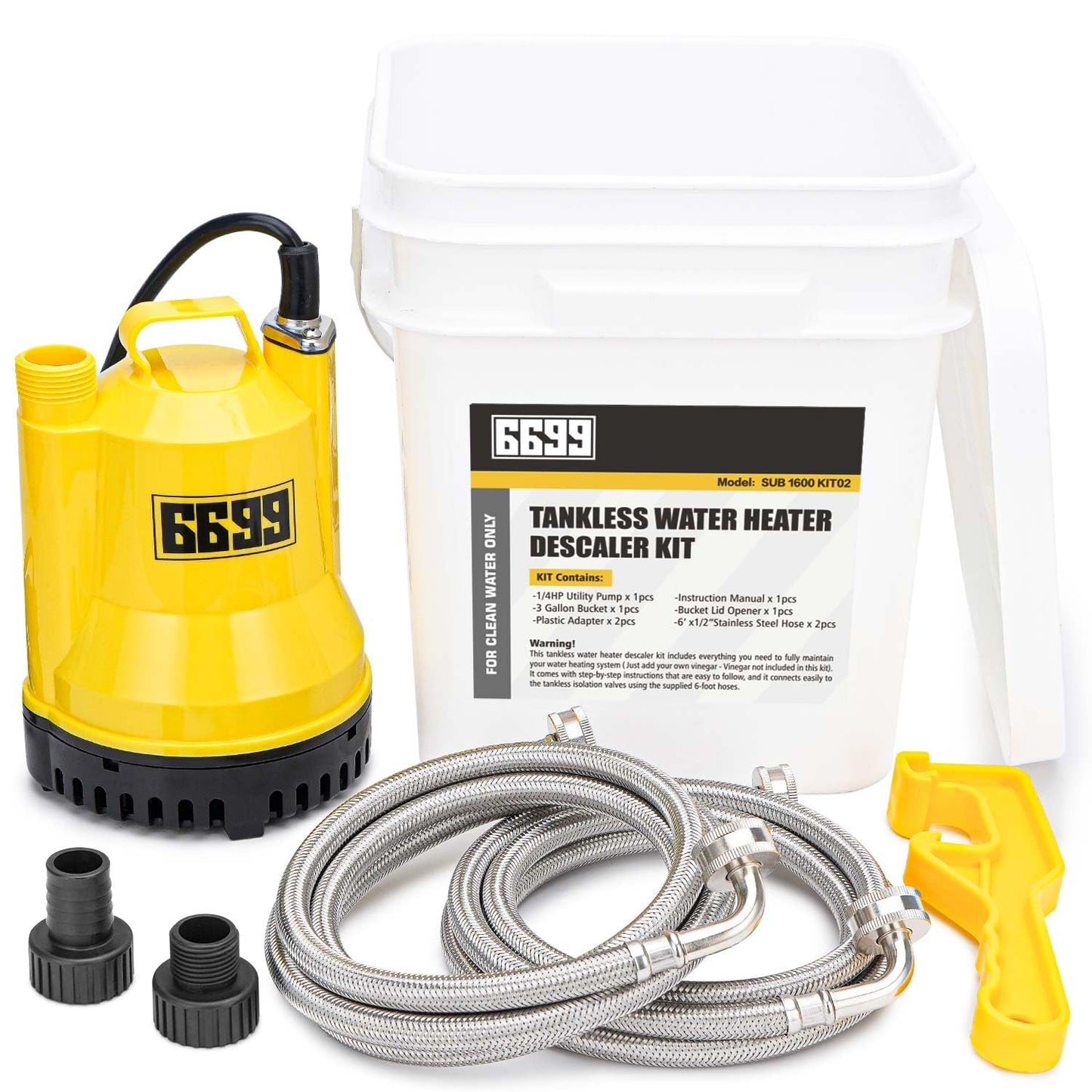 6699 Tankless Water Heater Flush Kit Includes 1/4HP Sump Pump with Two Adapters & 3 Gallons Pail with Bucket Lid Opener & Two 1/2” Dia X 6’ Hoses with Washers