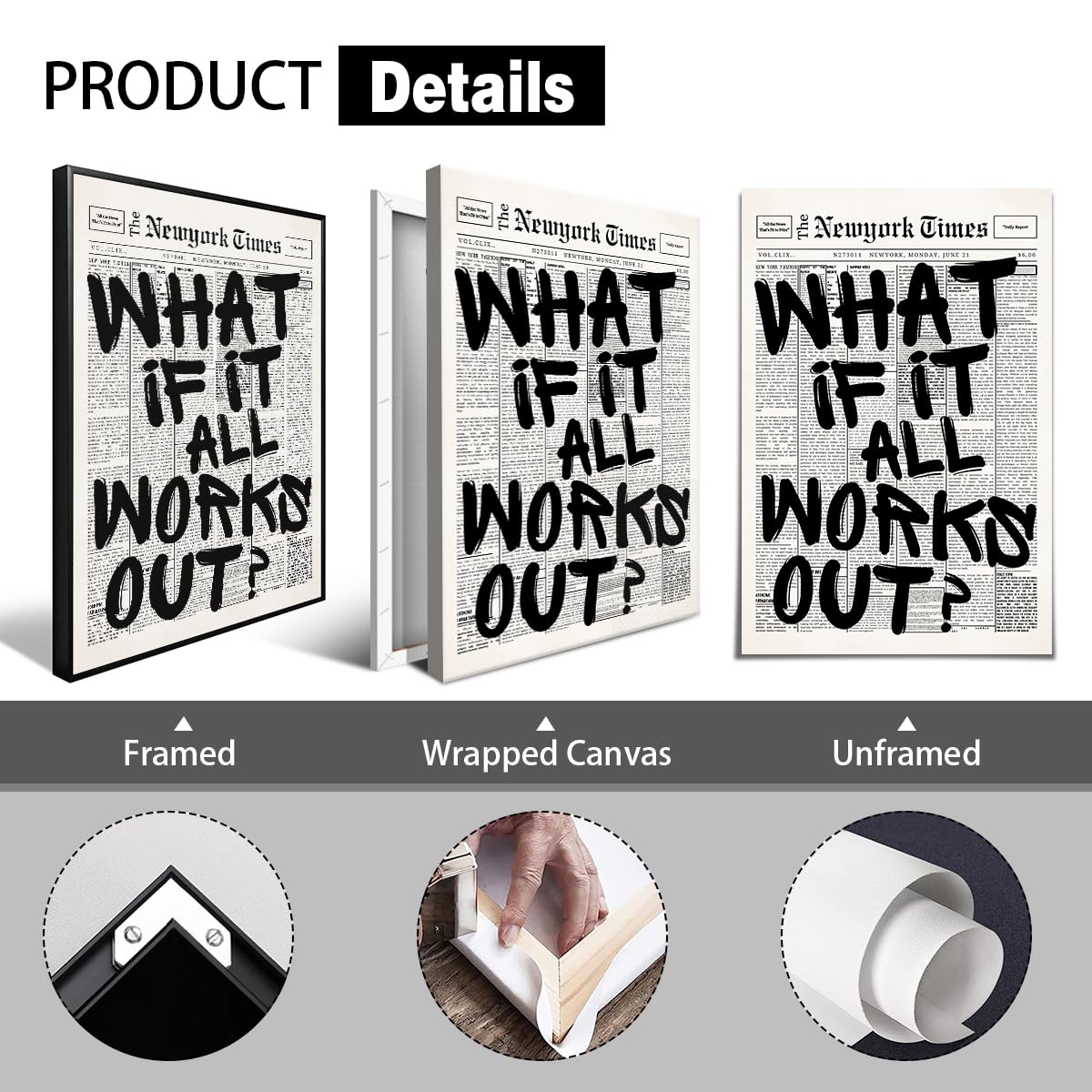 What If It All Works Out Canvas Wall Art, Black and White Newspaper Aesthetic Poster, Positive Affirmations Wall Decor, Daily Inspirational Quote Typography Print for Bedroom 8x12in Unframed