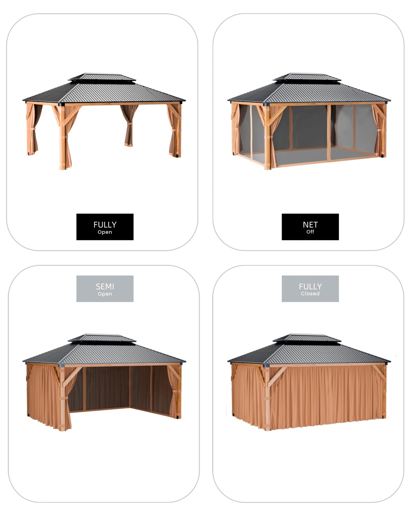 GarveeLife Hard top Wood Gazebo 10 ft x12 ft for All Weather, with Double Metal Roof, Heavy Duty Wooden Frame, Net, and Curtain, Permanent Building for Patio, Deck, Backyard, Lawn, and Garden, Khaki