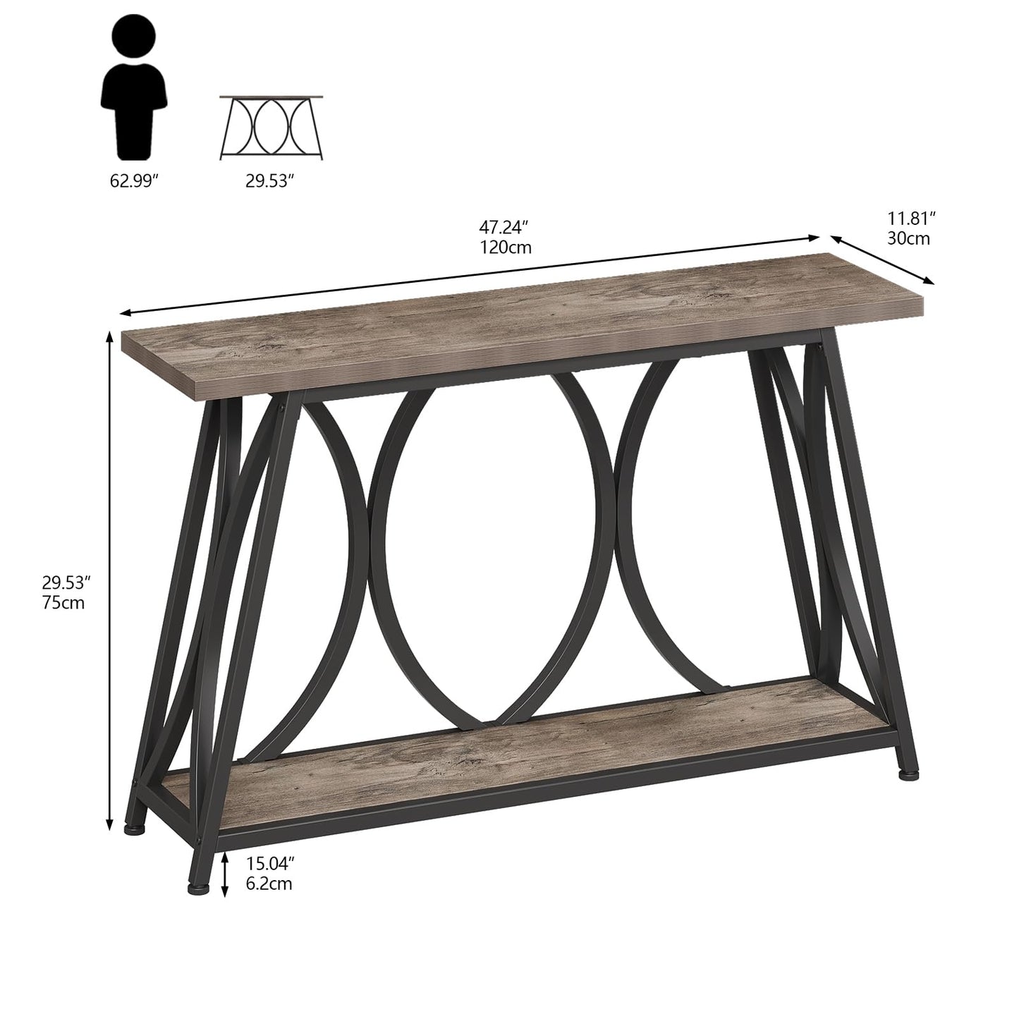 GiftGo 47.24 Inch Entryway Console Table, Industrial Sofa Table Behind Couch with Shelves, 2 Tier Wood Accent Table with Metal Frame for Living Room, Entrance, Hallway, Foyer, Vintage Gray