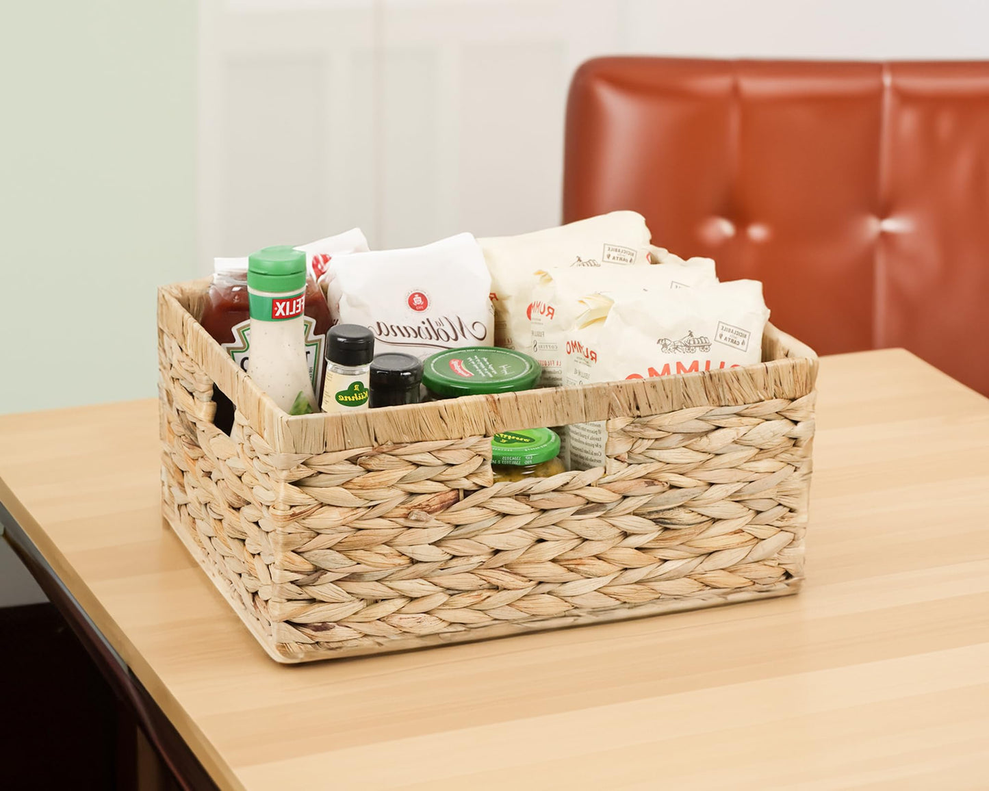 Jumbo Wicker Basket, Rectangular Wicker Baskets for Storage, Water Hyacinth Extra Large Storage Baskets, Shelf Basket with Built-in Handles-1 Pack