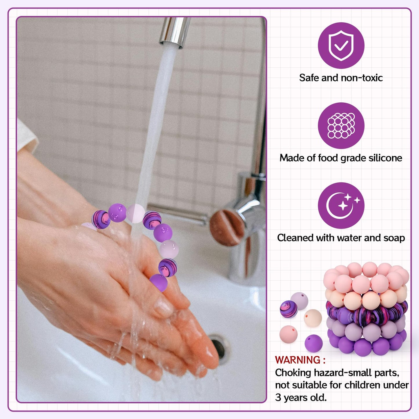 SALUOKE 100 Pcs 15mm Silicone Beads for Keychain Making, Pink Gream Silicone Beads Bulk Round for Bracelets Pens Crafts Jewelry Making (Pink Purple)