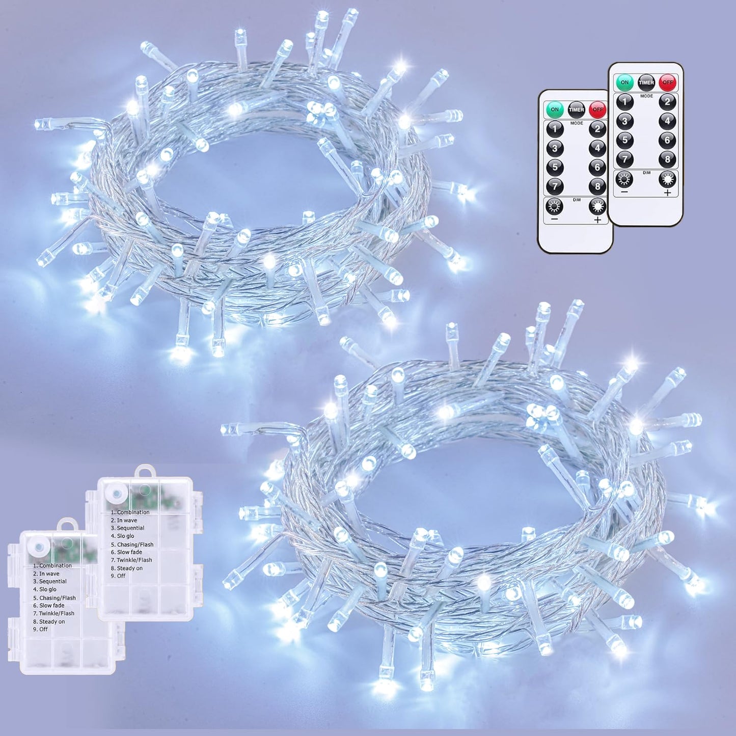 YEGUO Battery Operated String Lights, 2 Pack Each 33ft 100 LED Twinkle Fairy Lights Outdoor Waterproof, 8 Modes Clear Wire White Christmas Lights Indoor with Remote