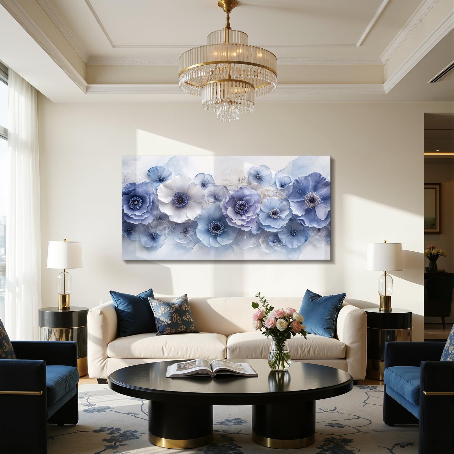 imjiayu Flower Wall Art, Large Wall Decor, Blue Wall Art, Botanical Floral Prints, Peony Chic Modern Art, Nature Aesthetic Paintings Wall Decor Living Room Bedroom Office Home Decorations 20"x40"