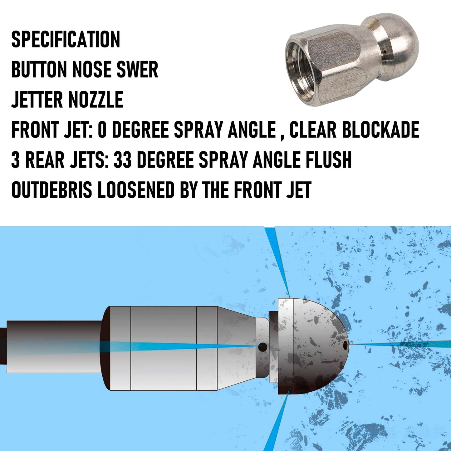 Hourleey Sewer Jetter Kit for Pressure Washer 100FT, Drain Cleaner Hose 1/4 Inch NPT, Orifice 4.0 Button Nose and Rotating Sewer Jetting Nozzle Spanner Tape Pearl Corsage Pin, 4000 PSI